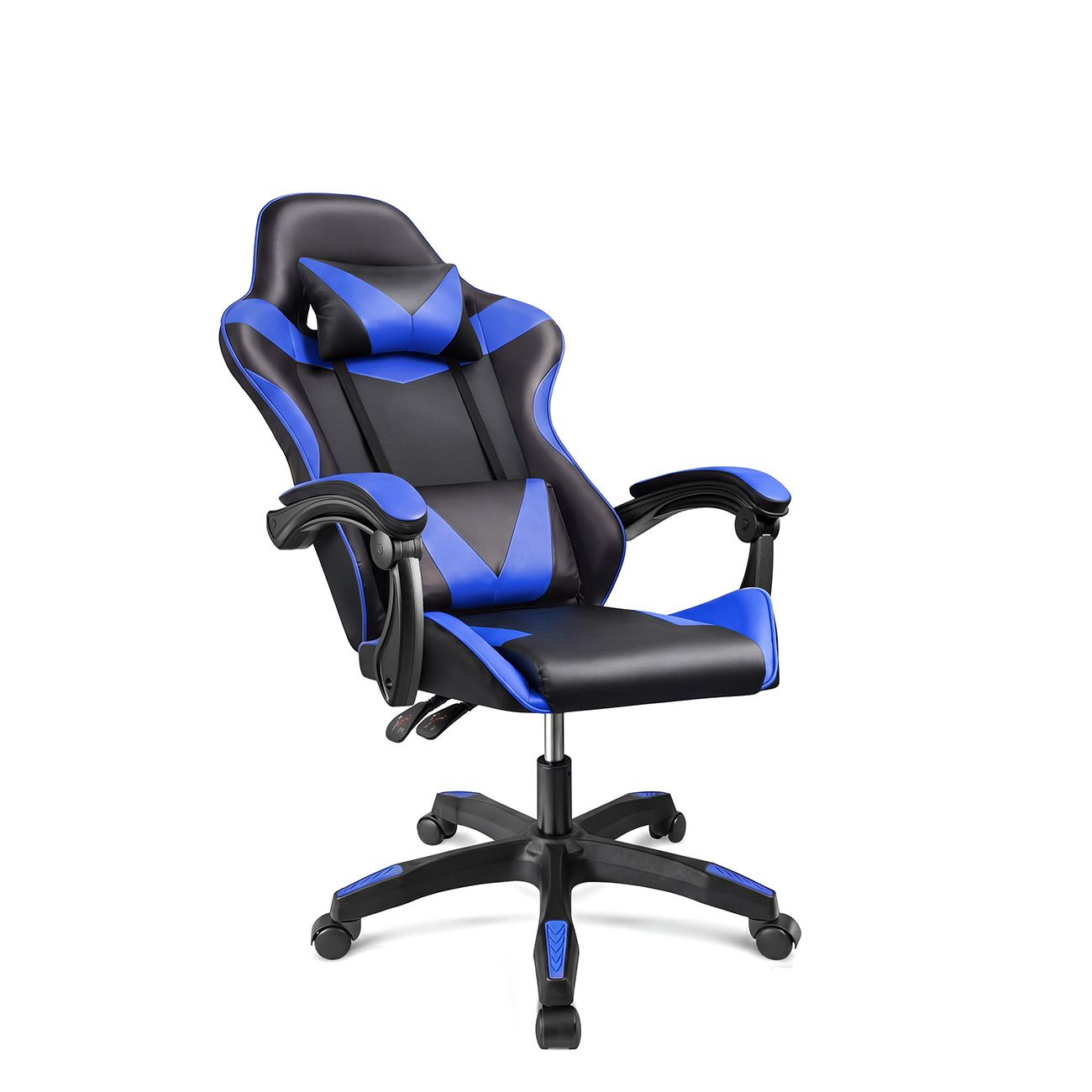 Una silla gaming ergonómica negra y azul con reposacabezas y cojín lumbar sobre fondo blanco.