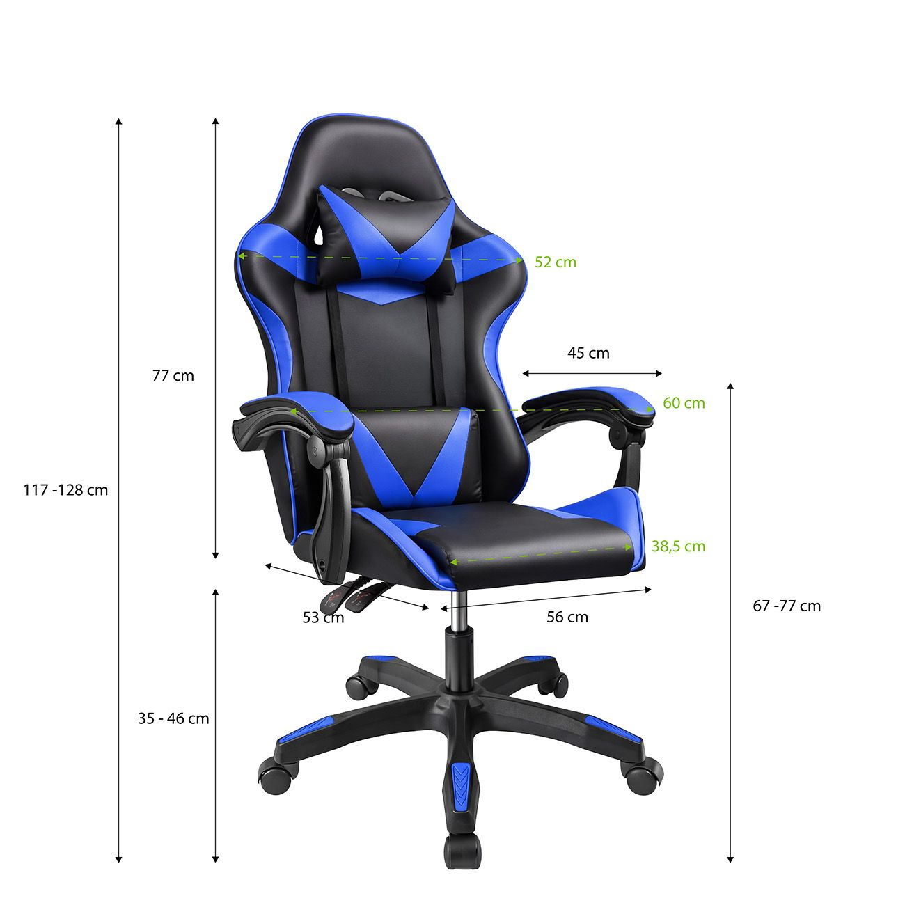 Silla gaming azul y negra con medidas de dimensiones sobre fondo blanco.