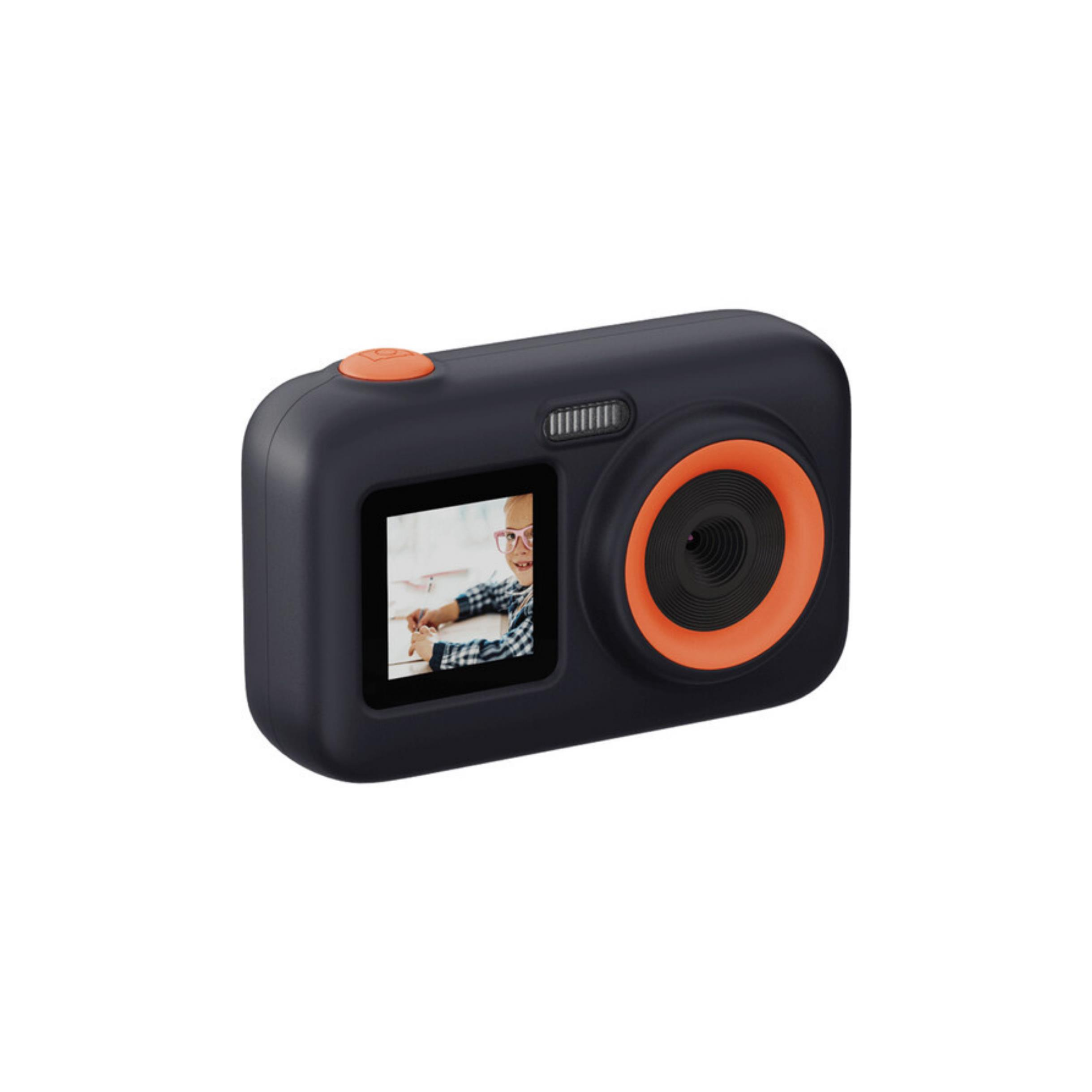 Fotocamera per bambini nera con obiettivo arancione e schermo sul retro.