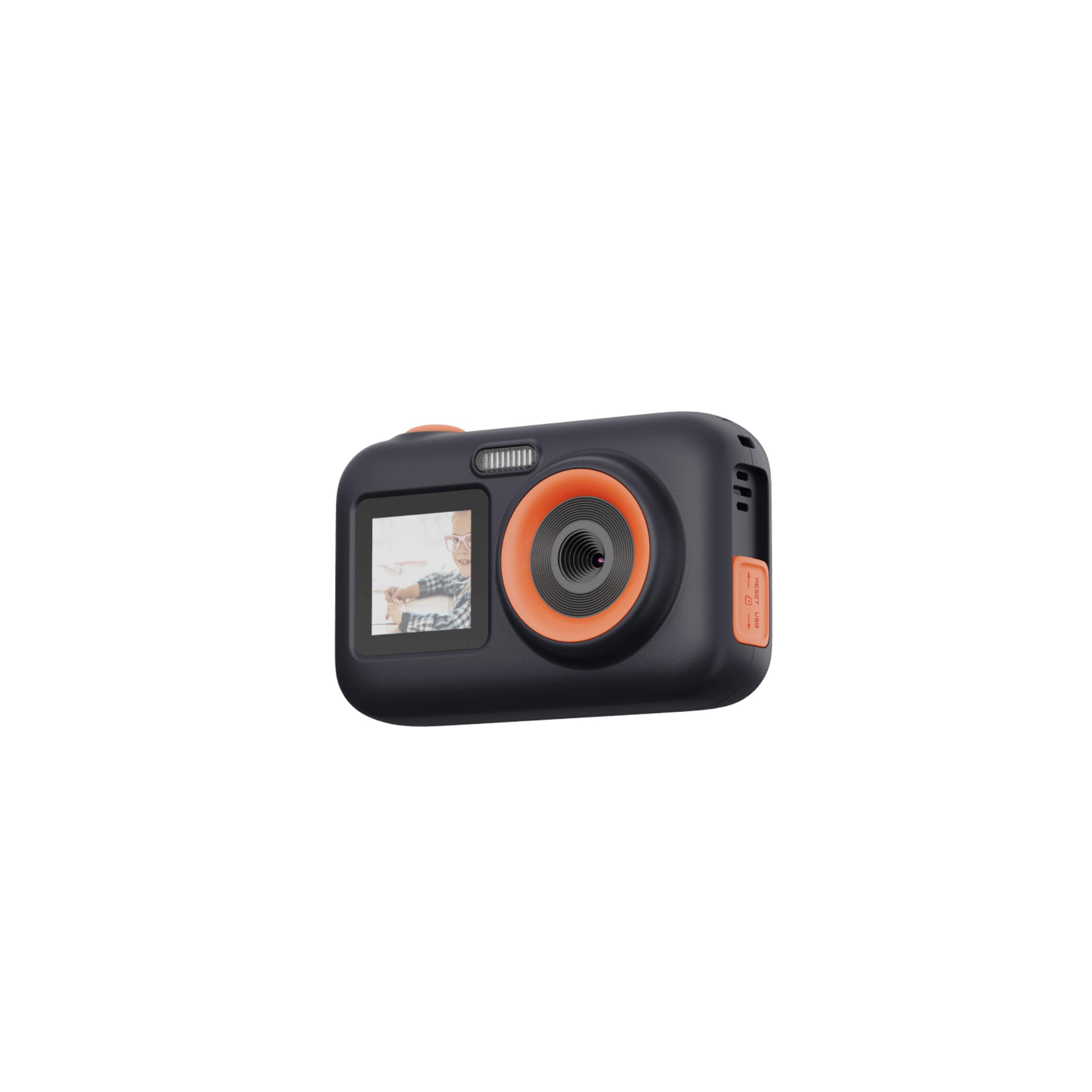 Una fotocamera digitale nera con un dettaglio arancione attorno all'obiettivo e al display.