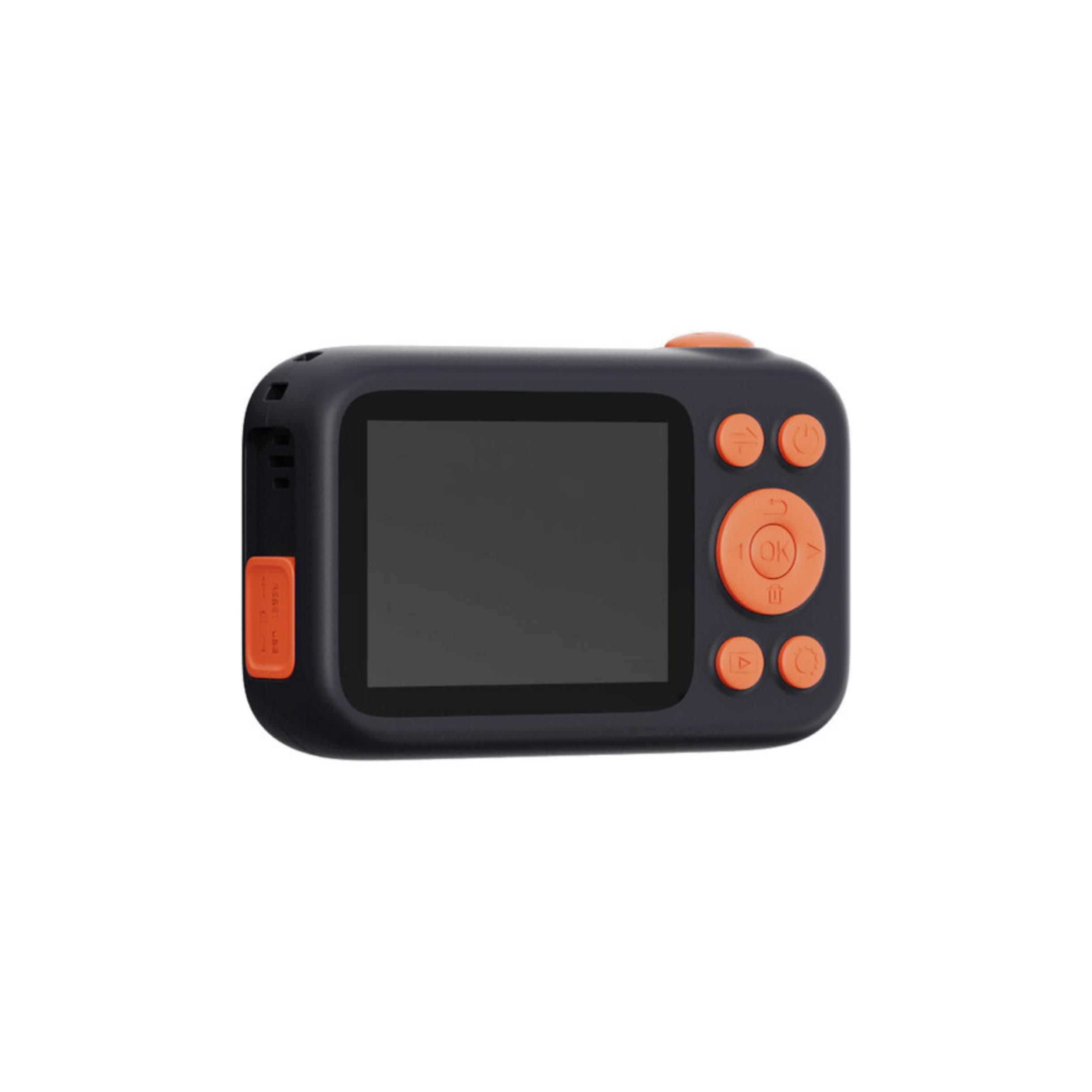 Una fotocamera digitale nera per bambini con pulsanti e schermo arancioni.