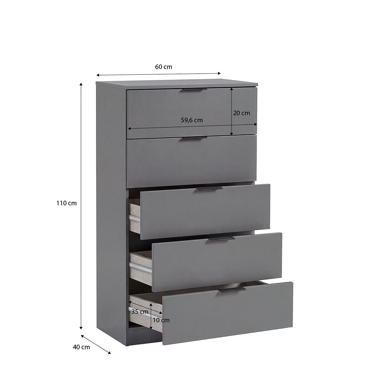 Cómoda gris de cinco cajones con flechas de dimensiones que indican altura de 110 cm, ancho de 60 cm y profundidad de 40 cm.