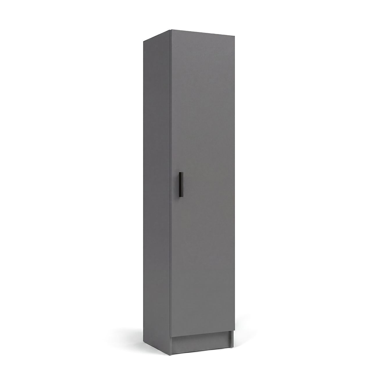 Un armario alto y gris con una sola puerta y un tirador negro sobre fondo blanco.