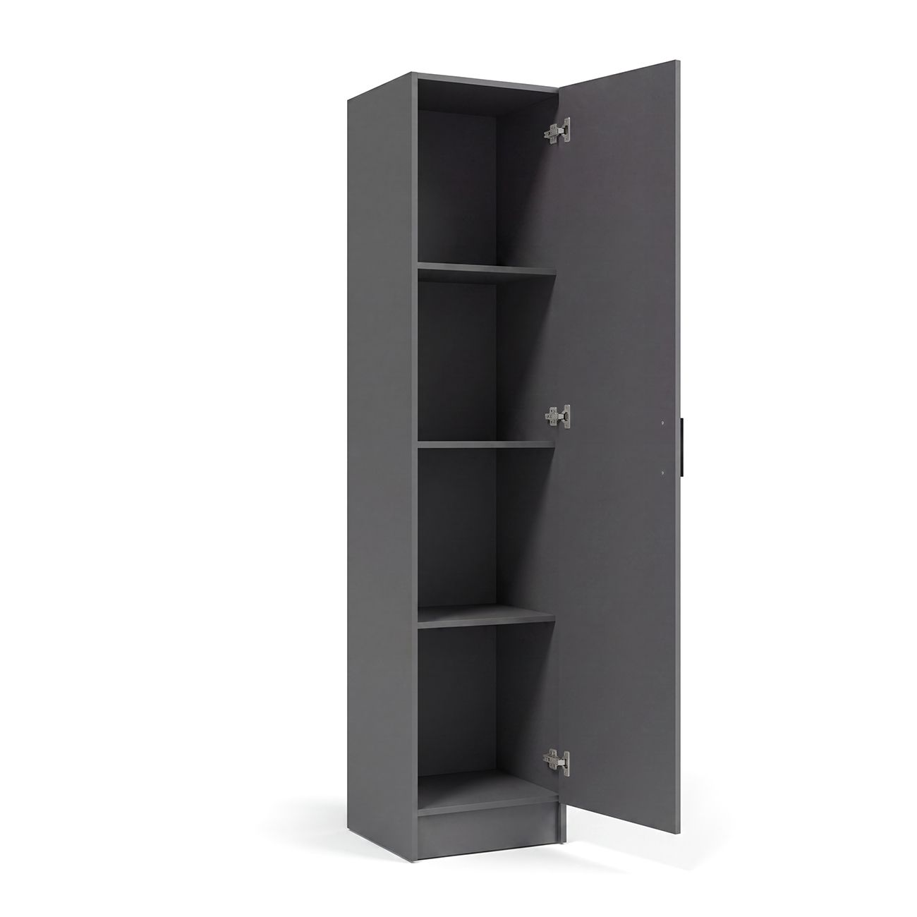 Un armario alto gris con cuatro estantes y una puerta semiavierte.