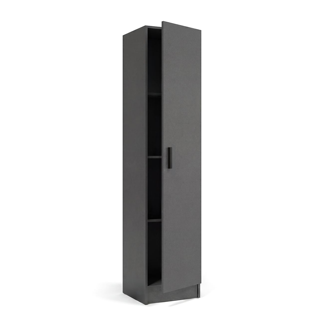 Un armario gris alto y estrecho con cuatro estantes internos y una puerta ligeramente abierta.