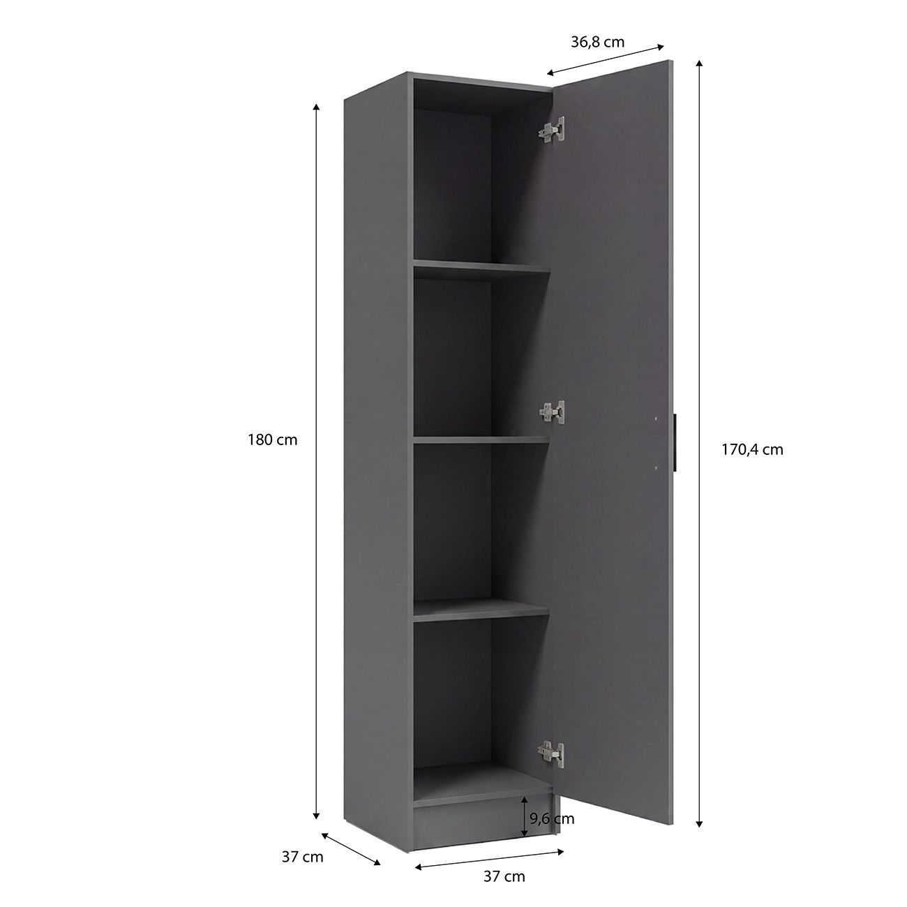 Armario alto gris oscuro con dimensiones y puerta abierta mostrando estantes interiores.
