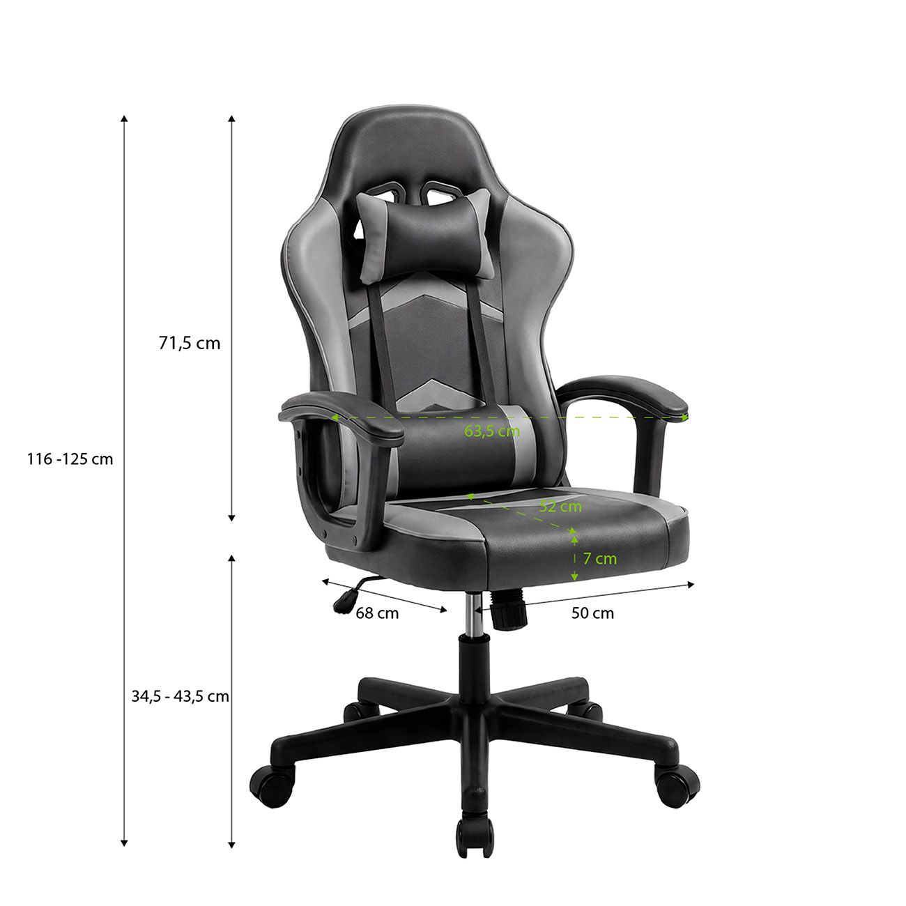 Silla de juego negra y gris con medidas de altura, anchura y profundidad sobre un fondo blanco.