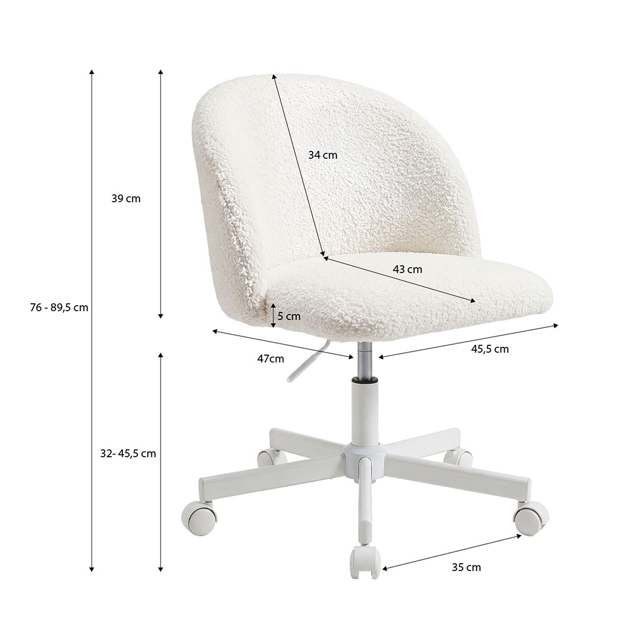 Silla de oficina blanca y esponjosa con ruedas y medidas en centímetros.