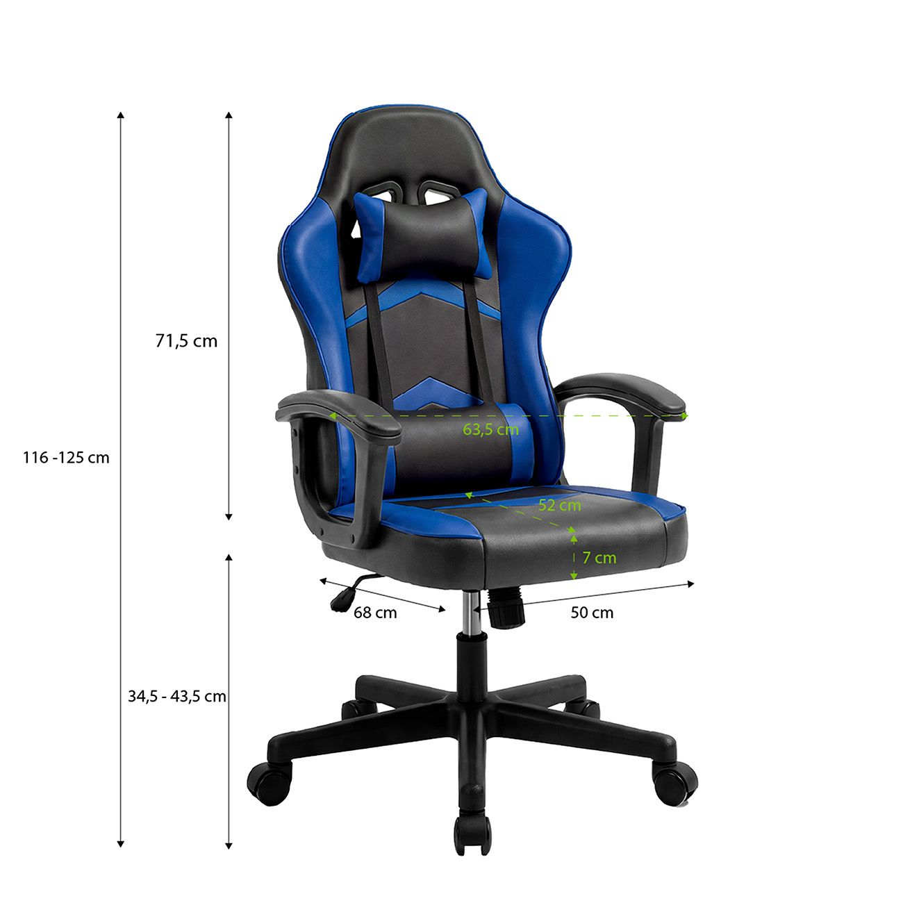 Silla de juego azul y negra con dimensiones de medida.