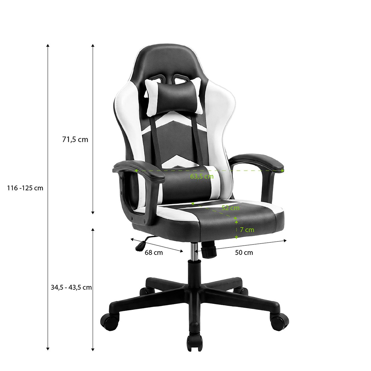 Silla gaming negra y blanca con indicadores de dimensiones de altura, anchura y profundidad.