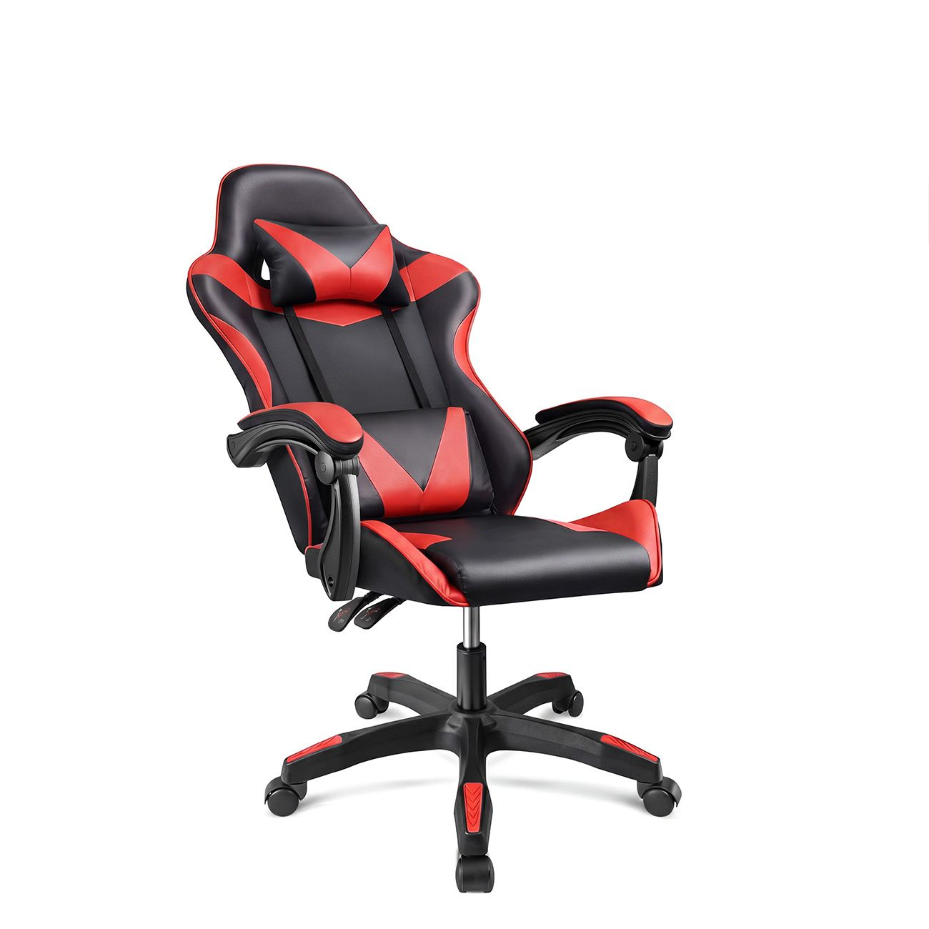 Una silla de juego negra y roja con cojines para la cabeza y lumbar sobre una base con ruedas.