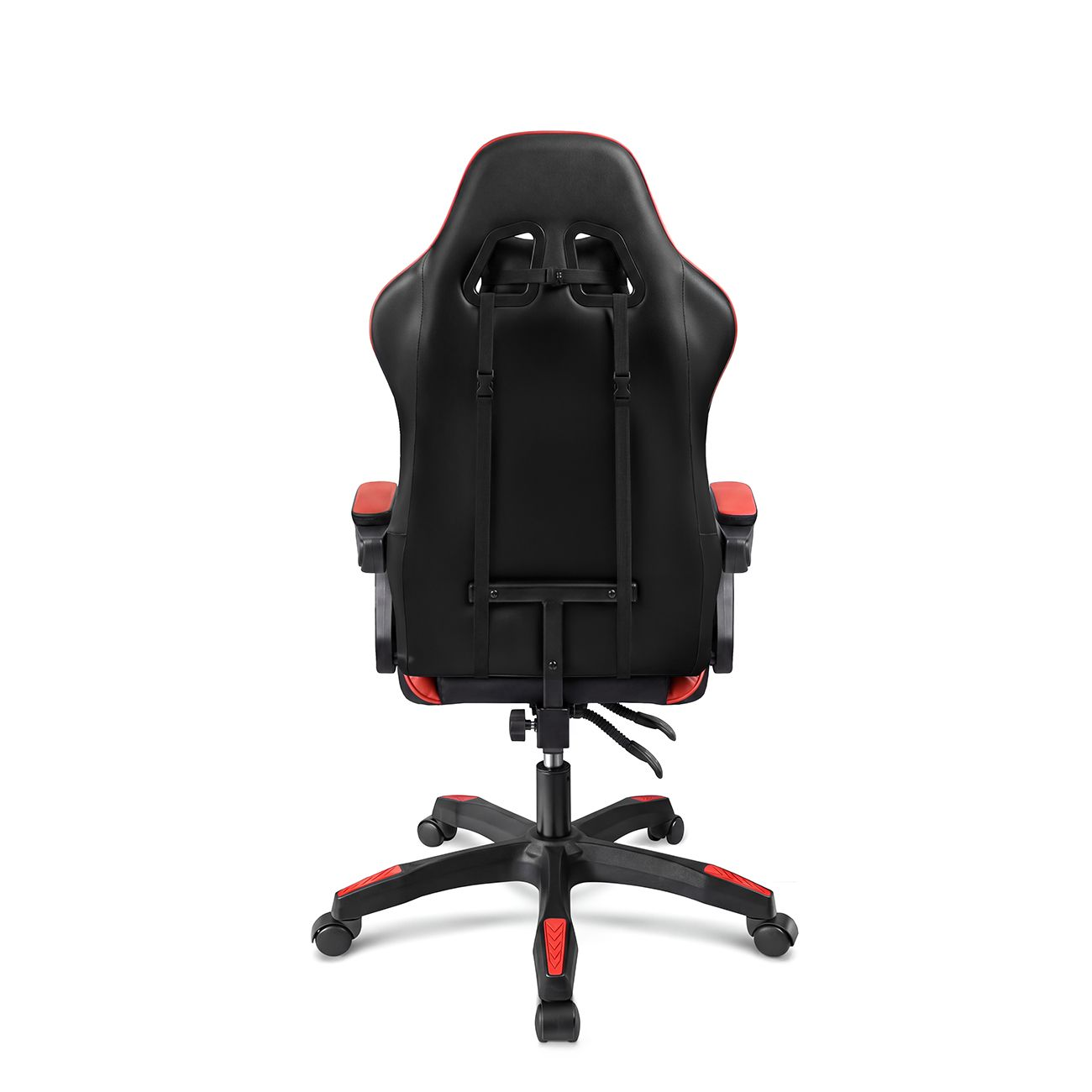 Vista trasera de una silla gaming negra y roja con ruedas sobre fondo blanco.
