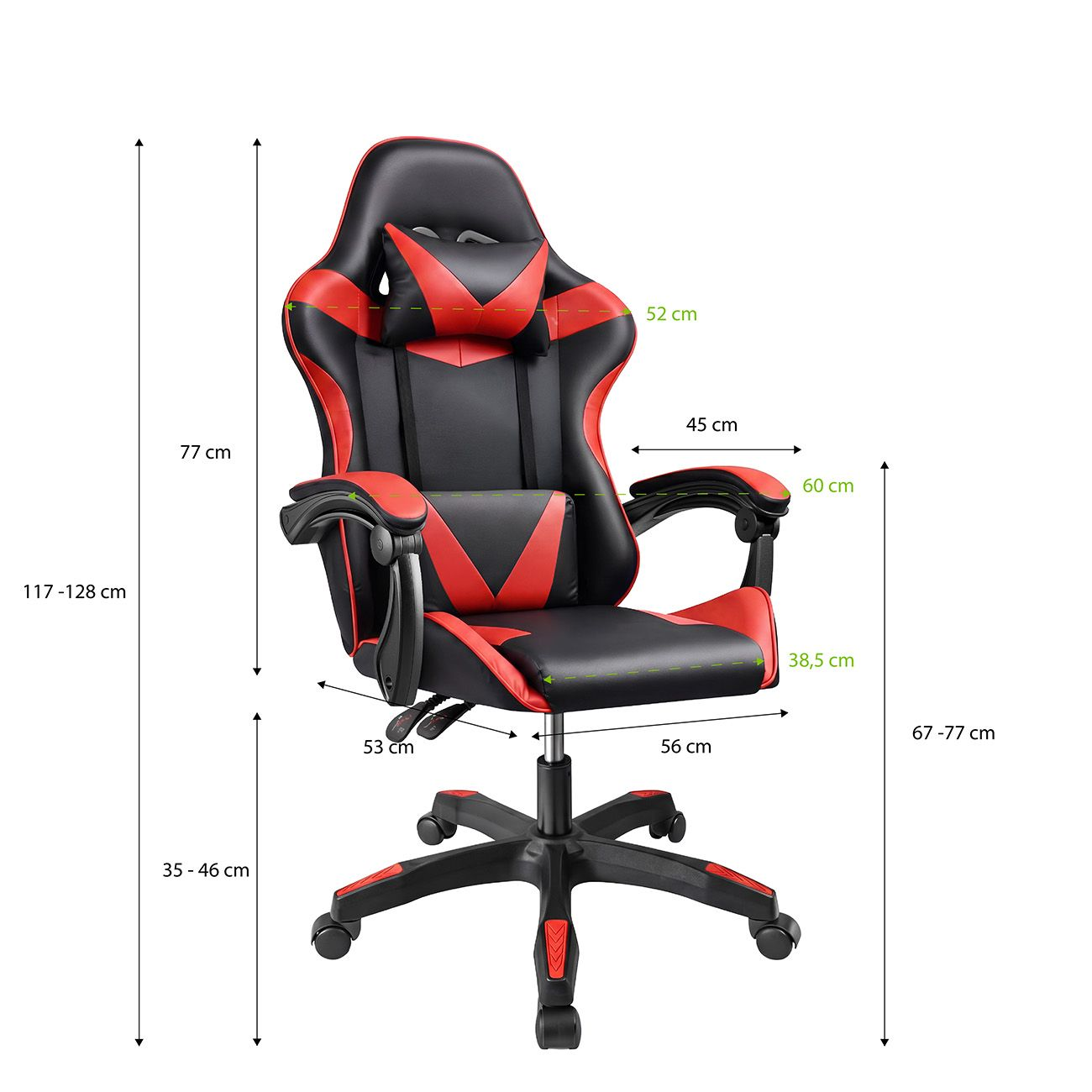 Una silla de juego negra y roja con medidas de dimensiones sobre fondo blanco.