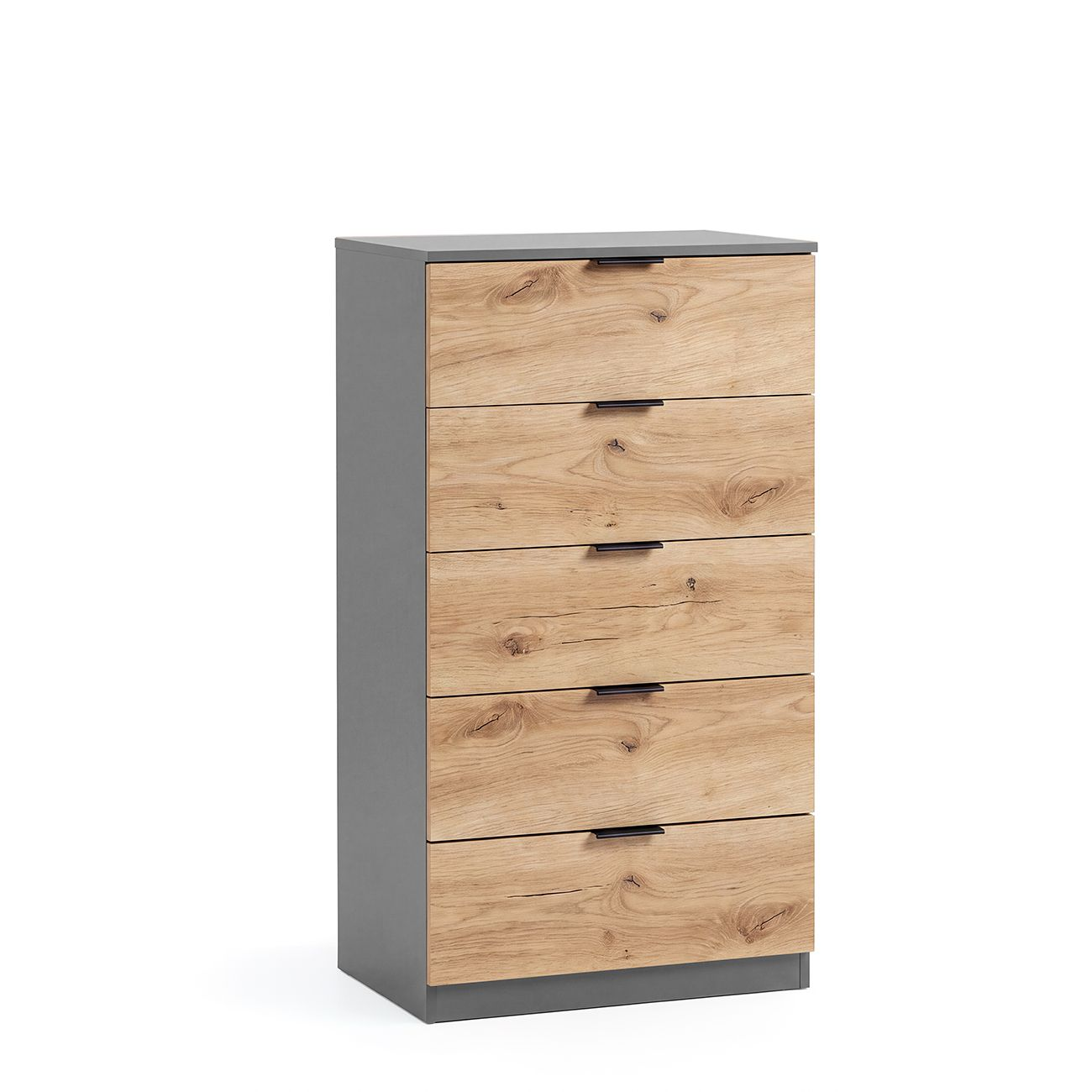 Cómoda gris con cinco cajones de madera y tiradores negros sobre fondo blanco.