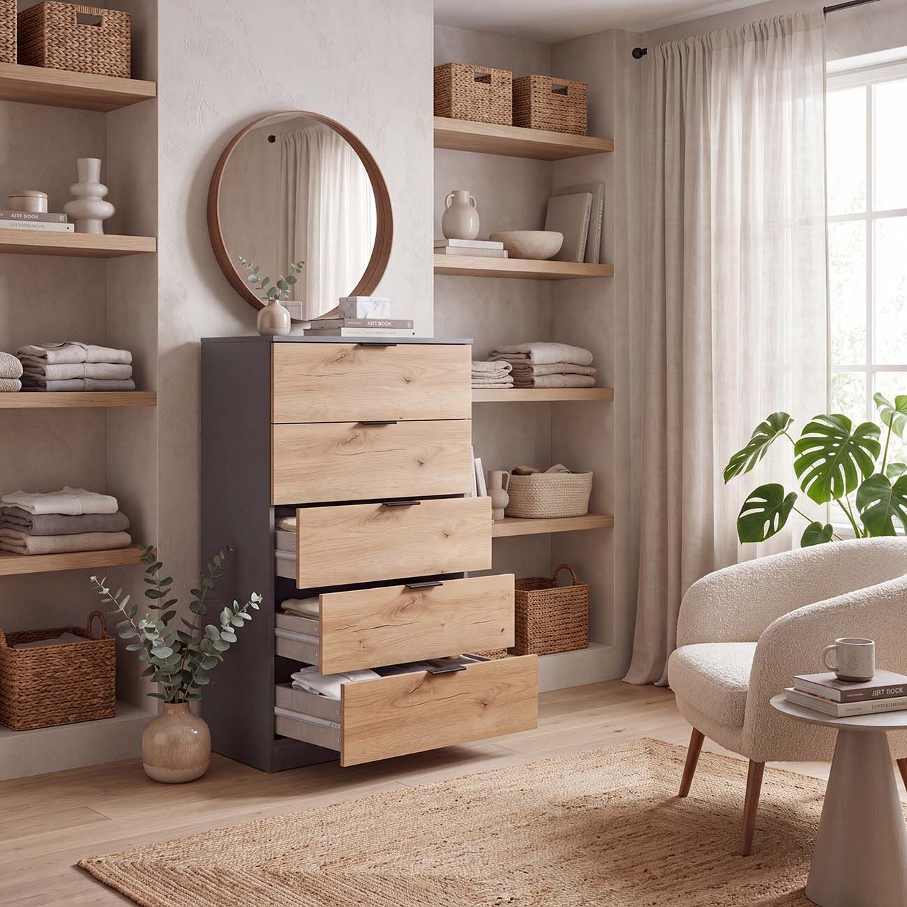 Una cómoda de madera con cajones abiertos en una habitación luminosa con estantes, un espejo redondo y un sillón.