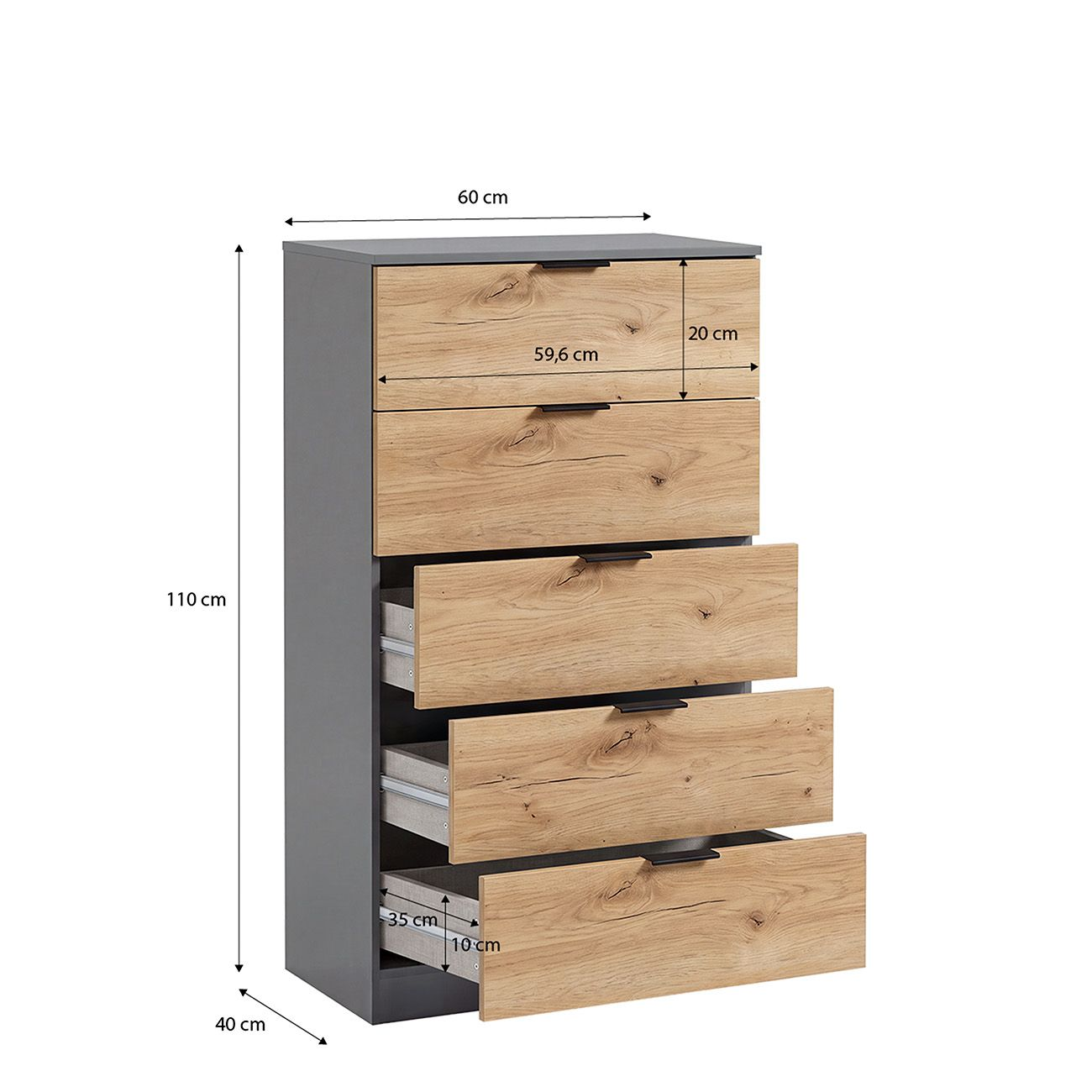 Cómoda gris con cinco cajones de tono madera y dimensiones.