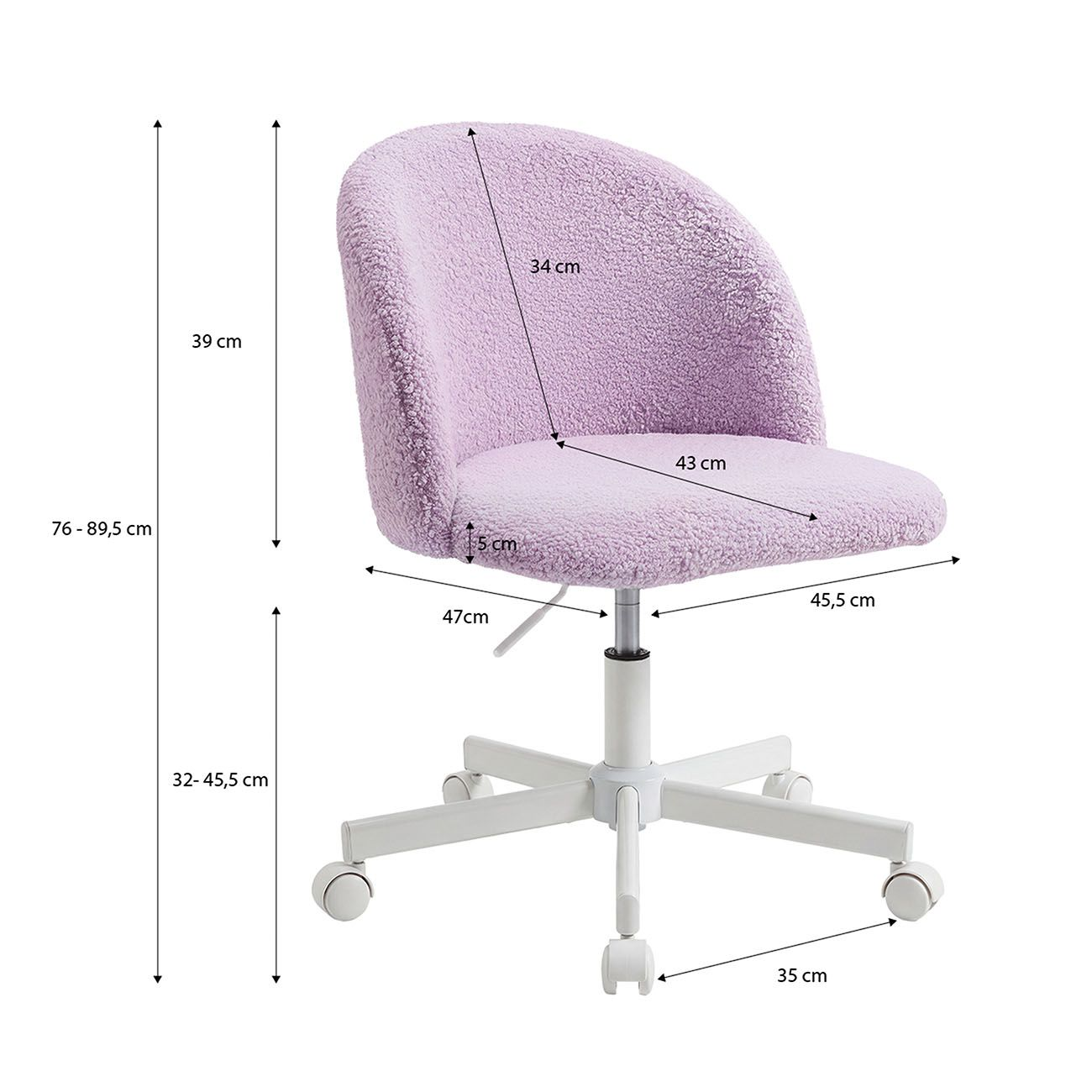 Silla de oficina esponjosa de color púrpura claro con base blanca y ruedas, con medidas.
