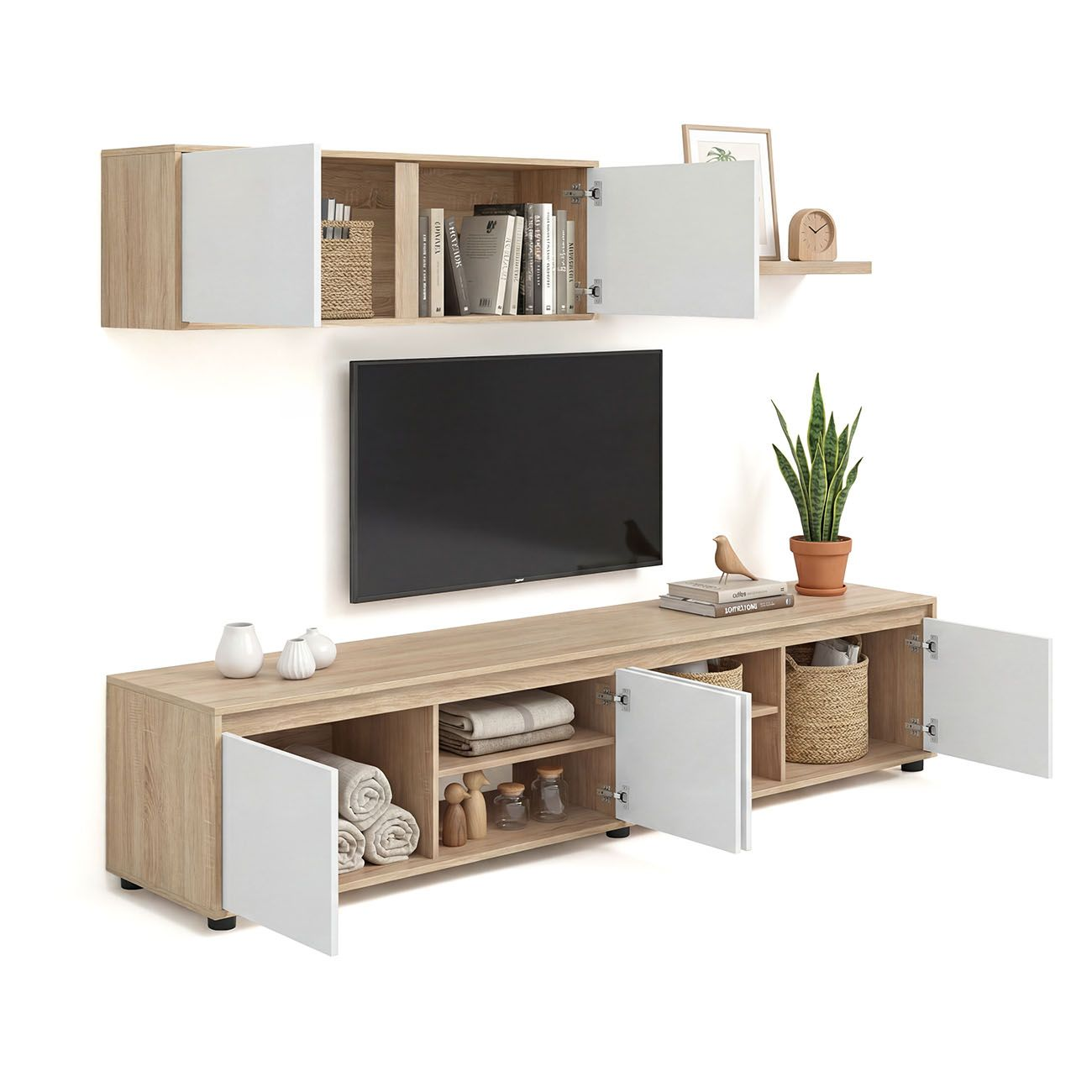 Moderno mueble de TV de madera con puertas blancas, un televisor en el centro y estantes decorados.
