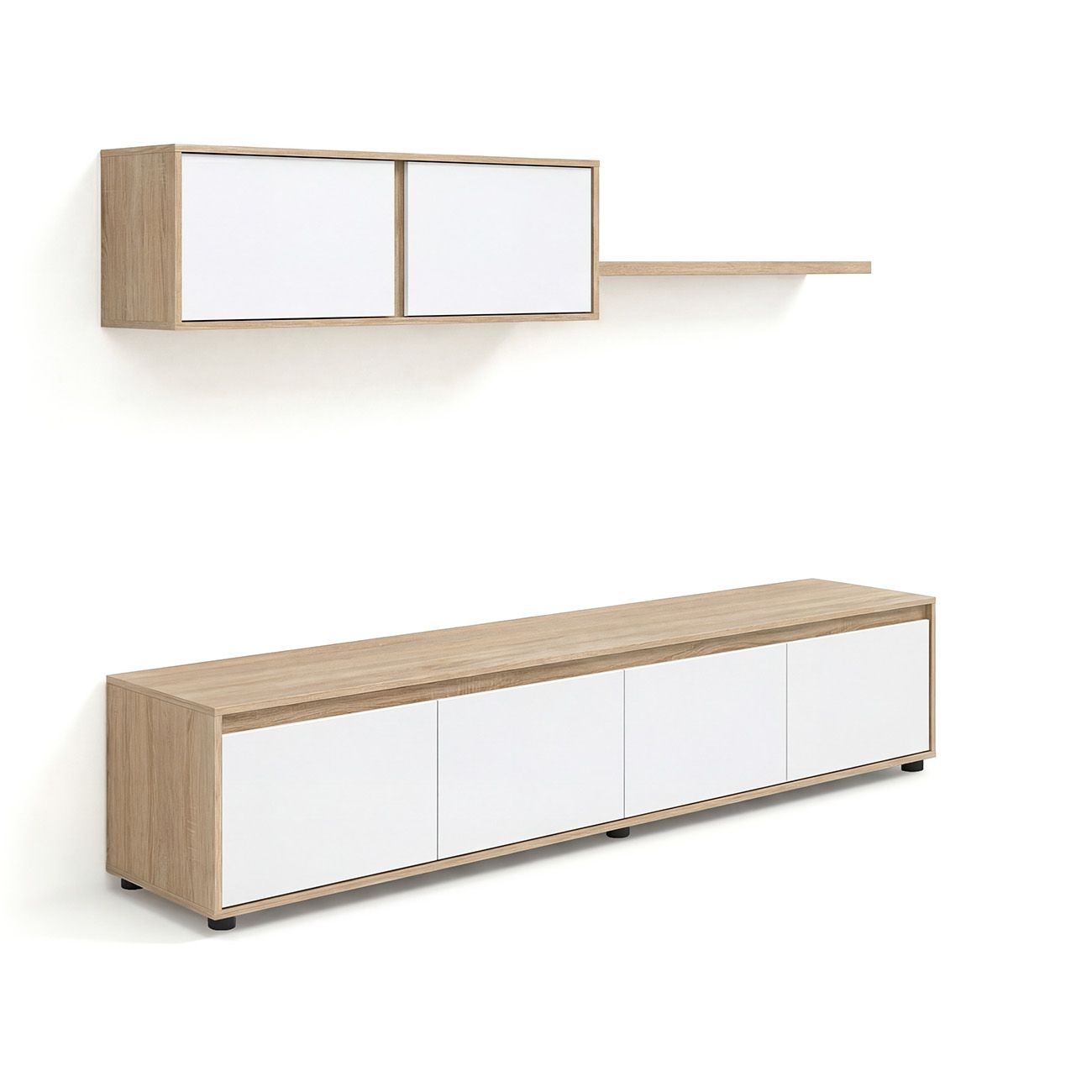 Estantería de pared de madera con puertas blancas y mueble de TV bajo sobre fondo blanco.
