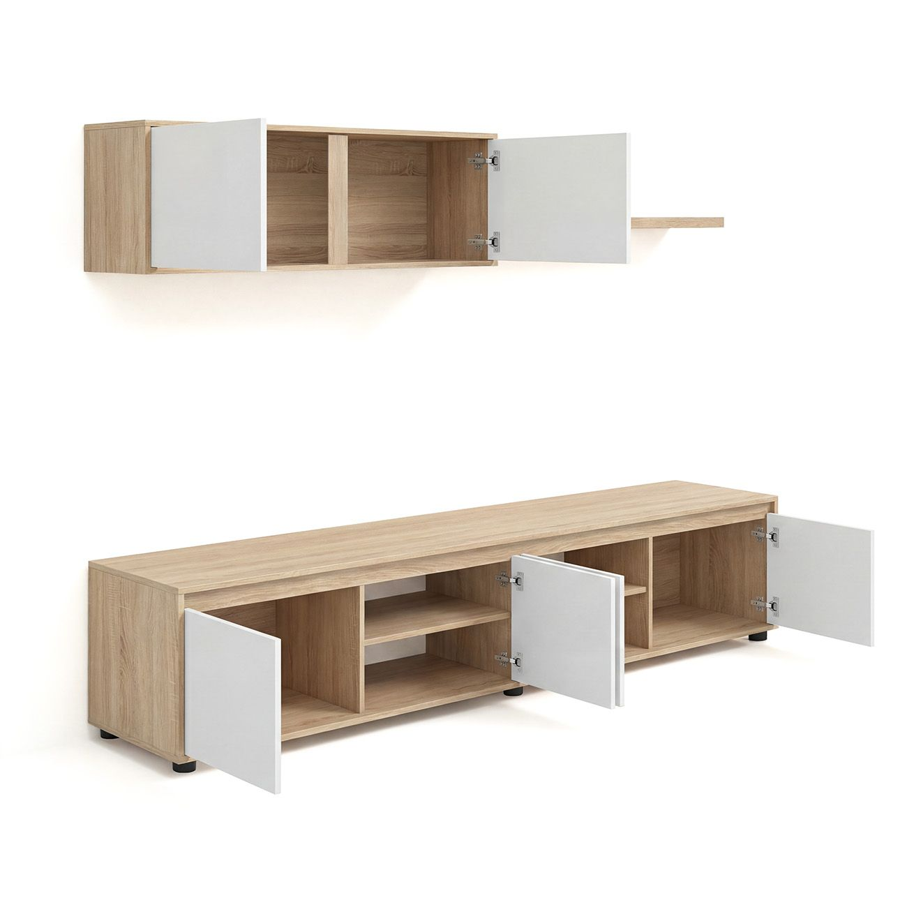 Mueble de pared y TV de madera de roble con puertas blancas sobre fondo blanco.