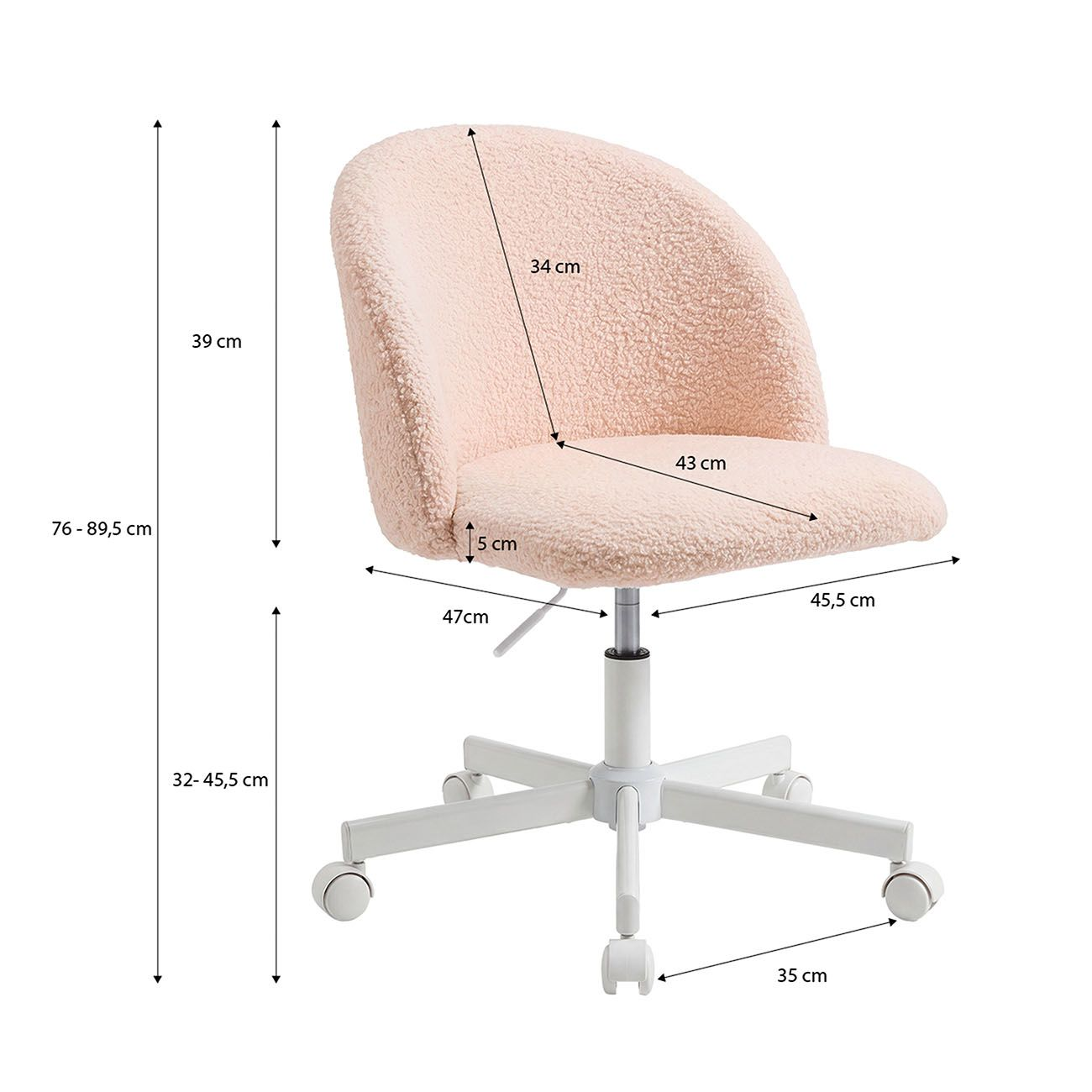 Silla de oficina de felpa rosa con base blanca y cotas sobre fondo blanco.