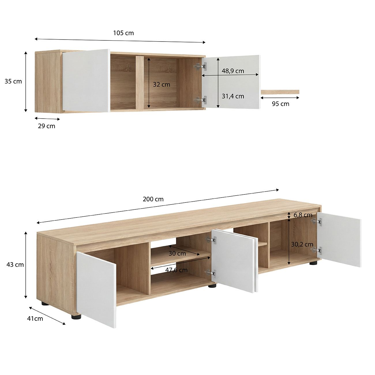 Dibujo técnico de dos muebles de madera con puertas blancas y dimensiones.
