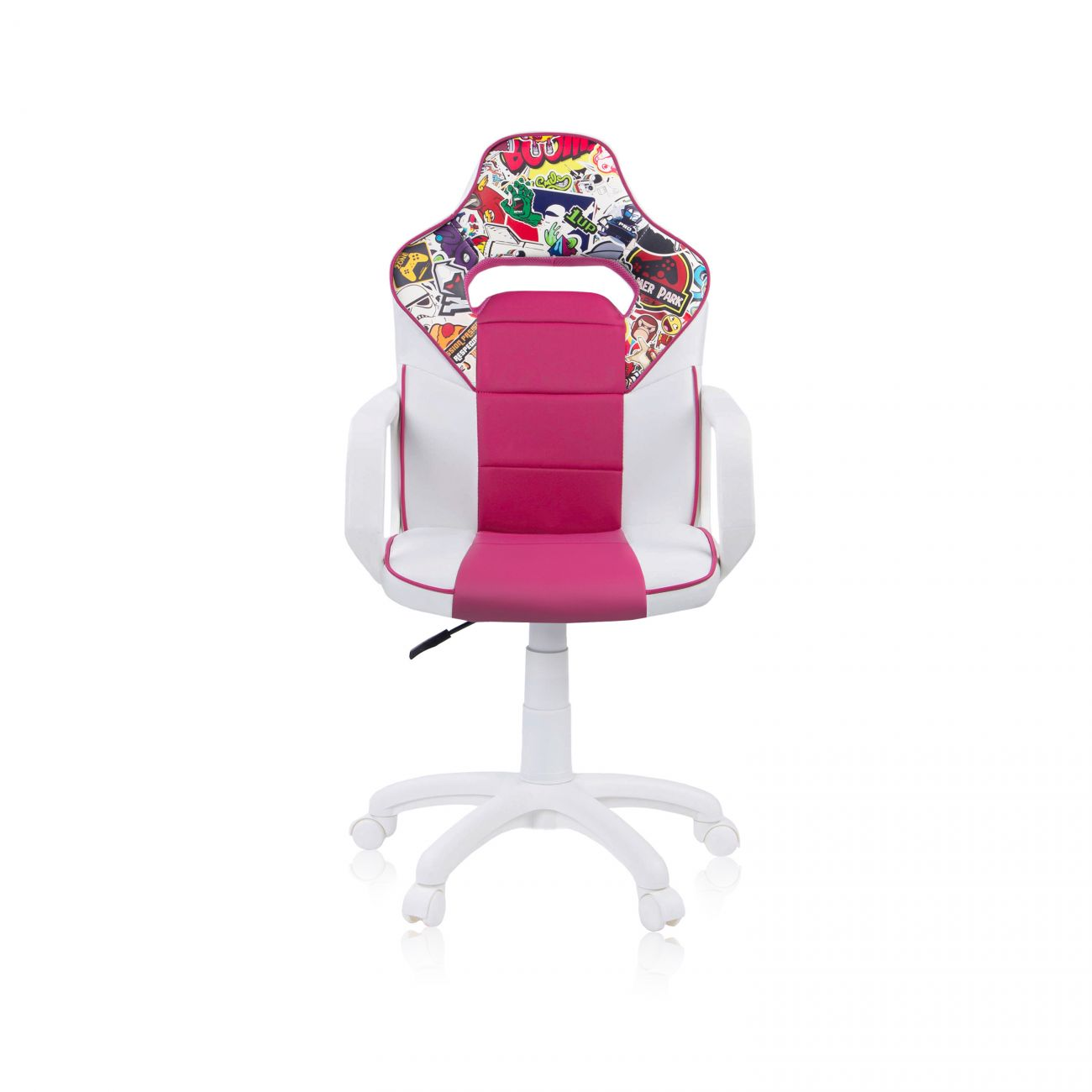Silla gaming blanca y rosa con pegatinas de estilo grafiti en el reposacabezas, reposabrazos blancos y base con ruedas.