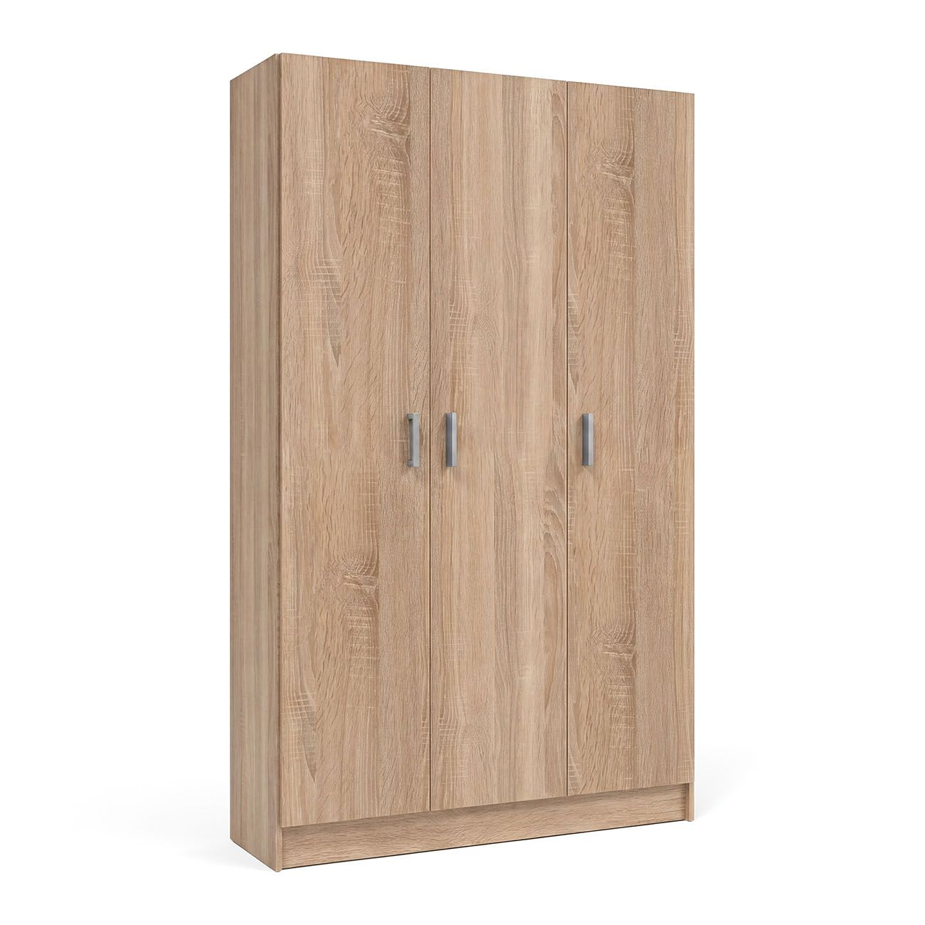 Un ropero de madera de tres puertas con veta visible y tiradores plateados sobre fondo blanco.