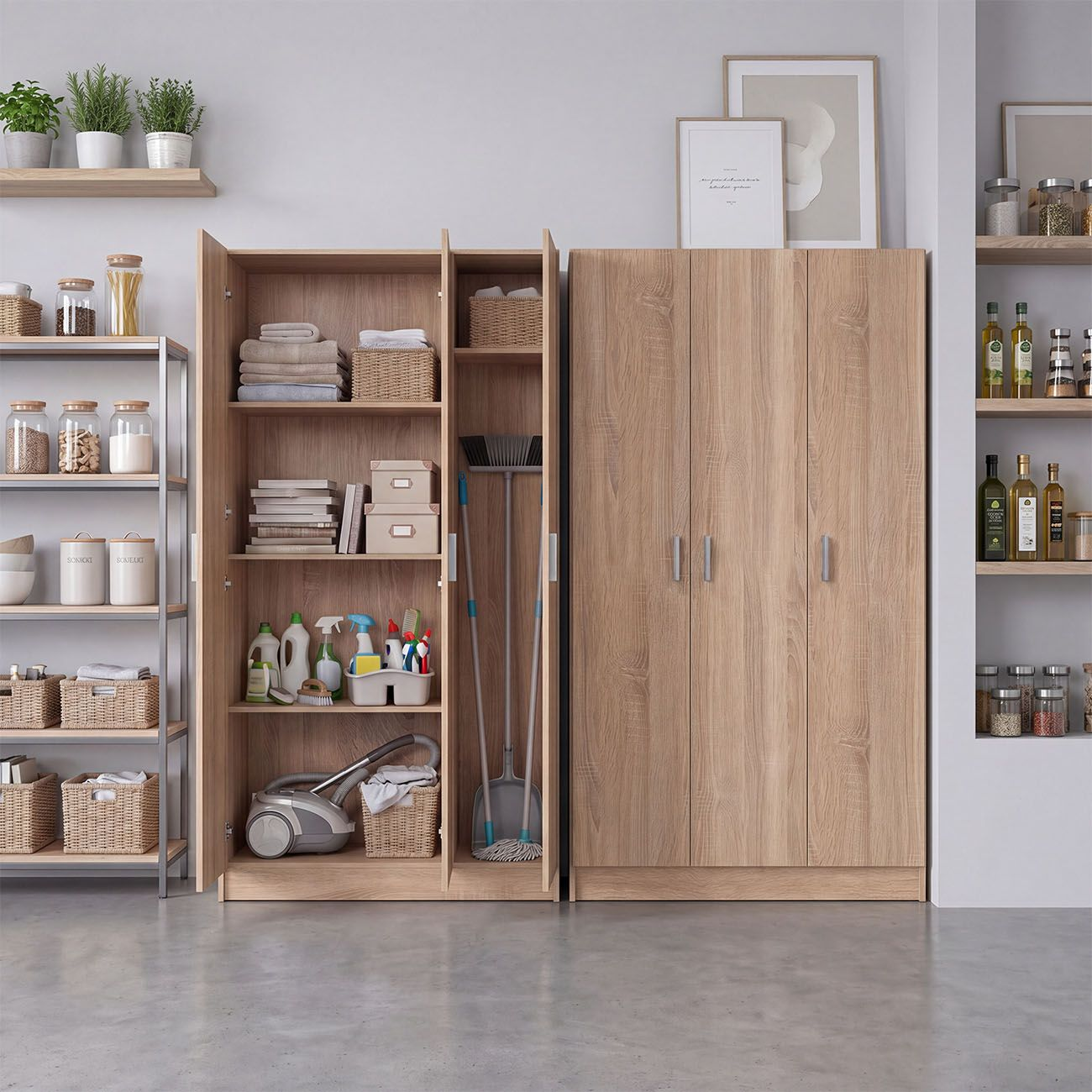 Armarios de madera con puertas abiertas revelan productos de limpieza, toallas y una escoba, junto a un estante con frascos.