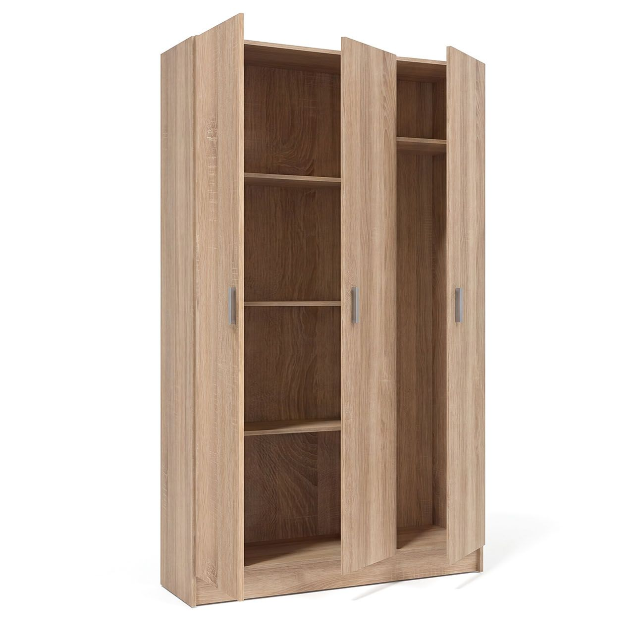Un armario de madera con puertas abiertas y estantes ajustables sobre un fondo blanco.