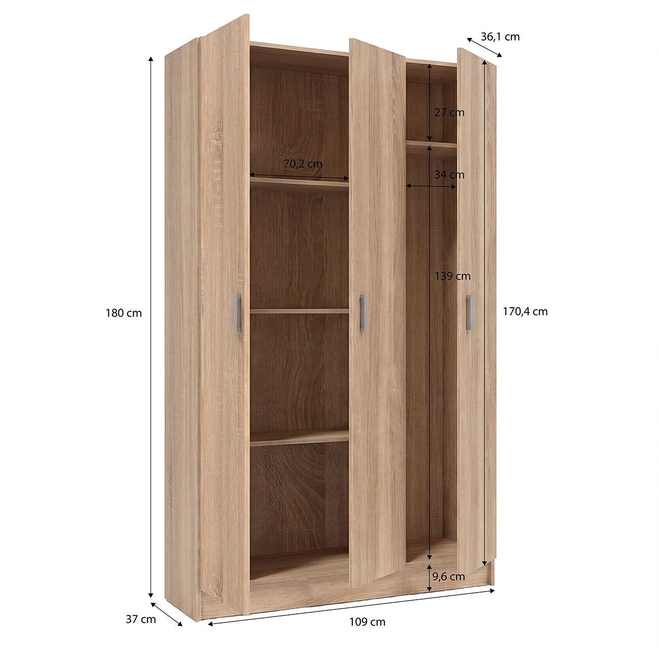 Armario de color madera con puertas batientes, estantes y medidas.