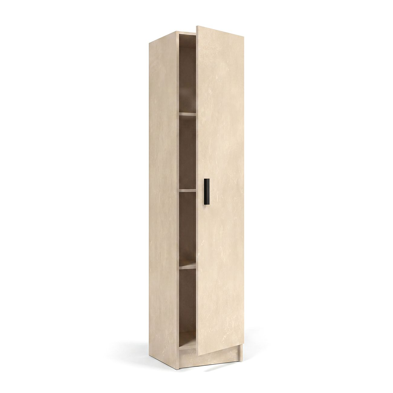 Un armario alto de color beige con estantes abiertos y una puerta ligeramente abierta con tirador negro.