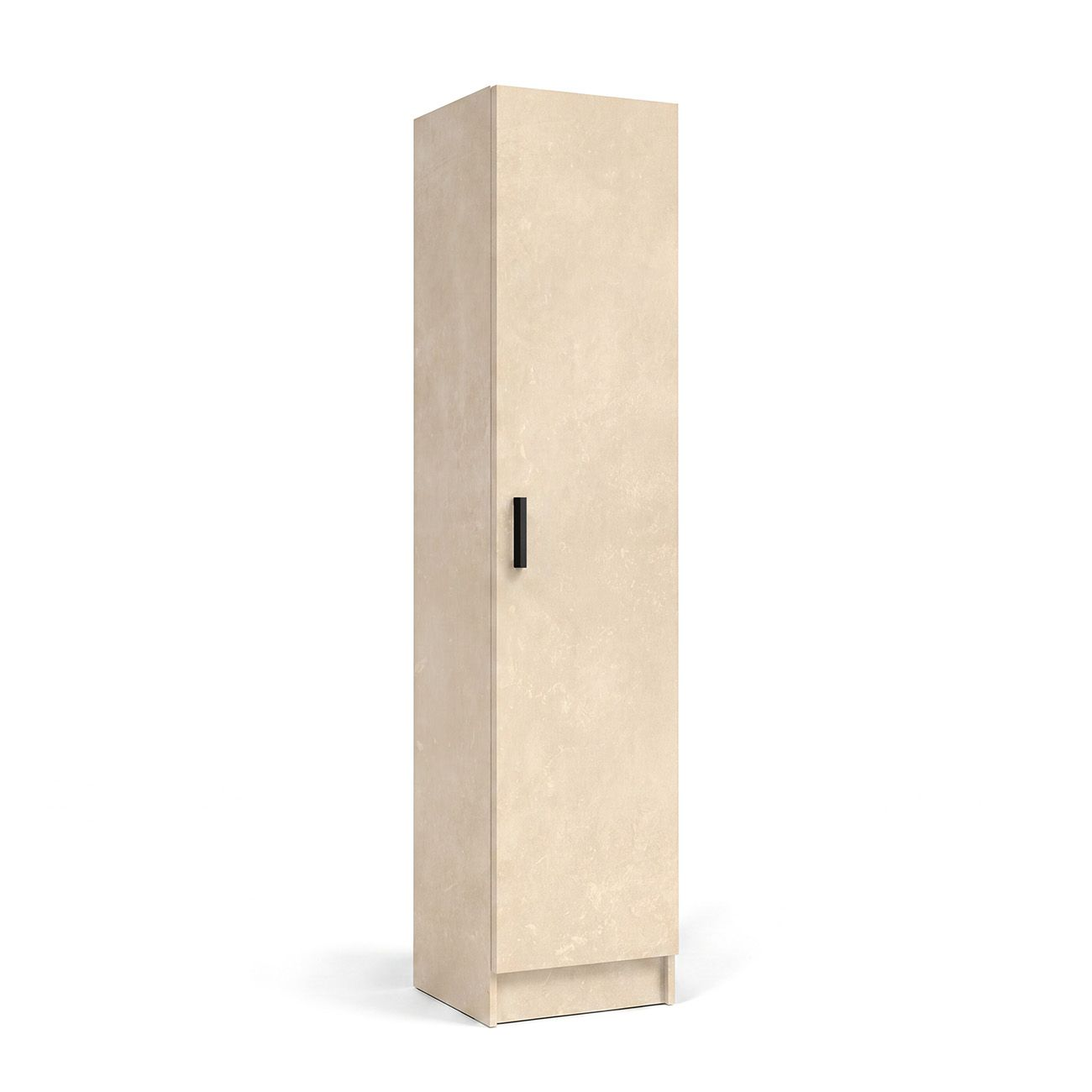 Un armario alto y estrecho de color beige con una puerta y un tirador vertical negro sobre fondo blanco.