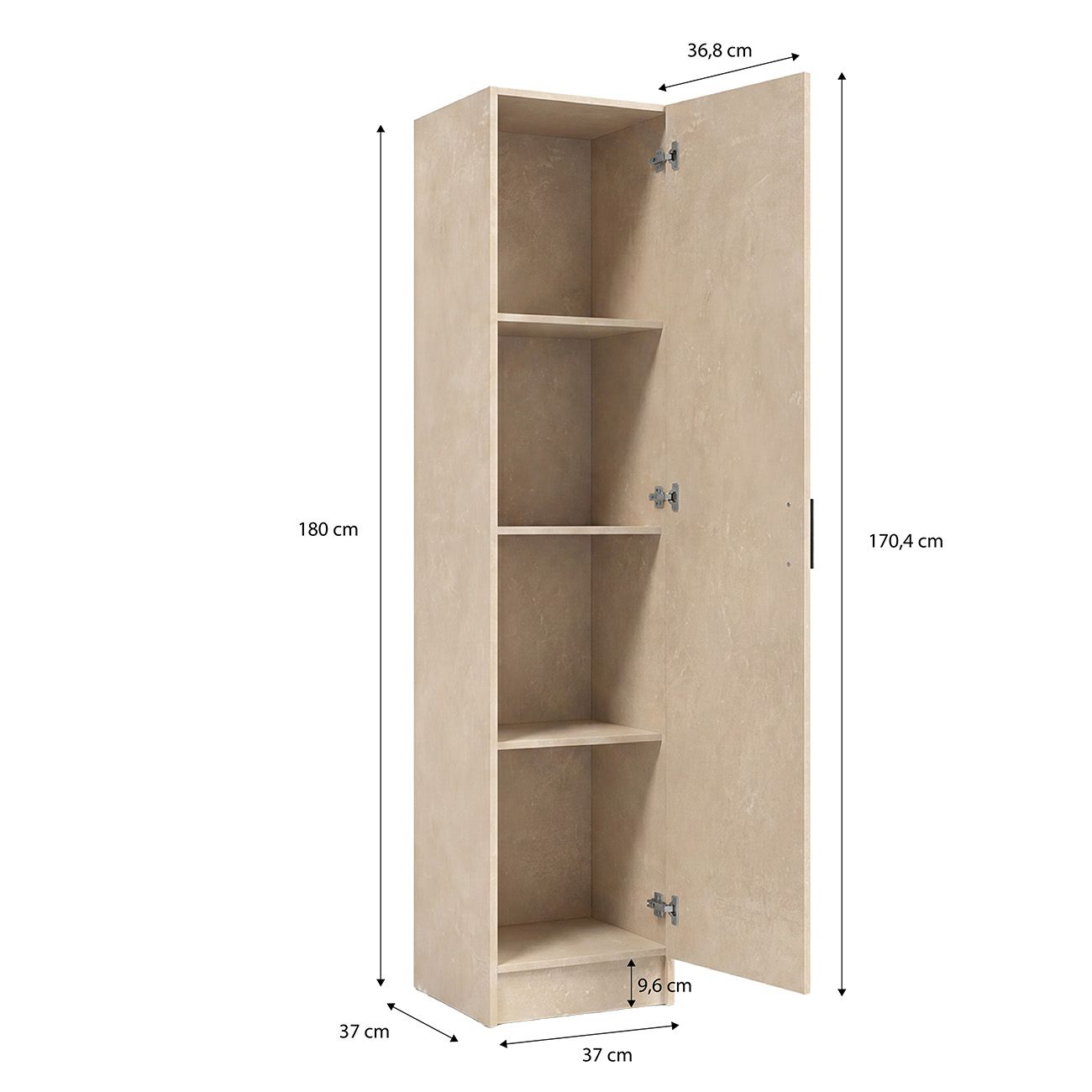 Armario alto beige con estantes abiertos y puerta abierta, mostrando dimensiones en centímetros.