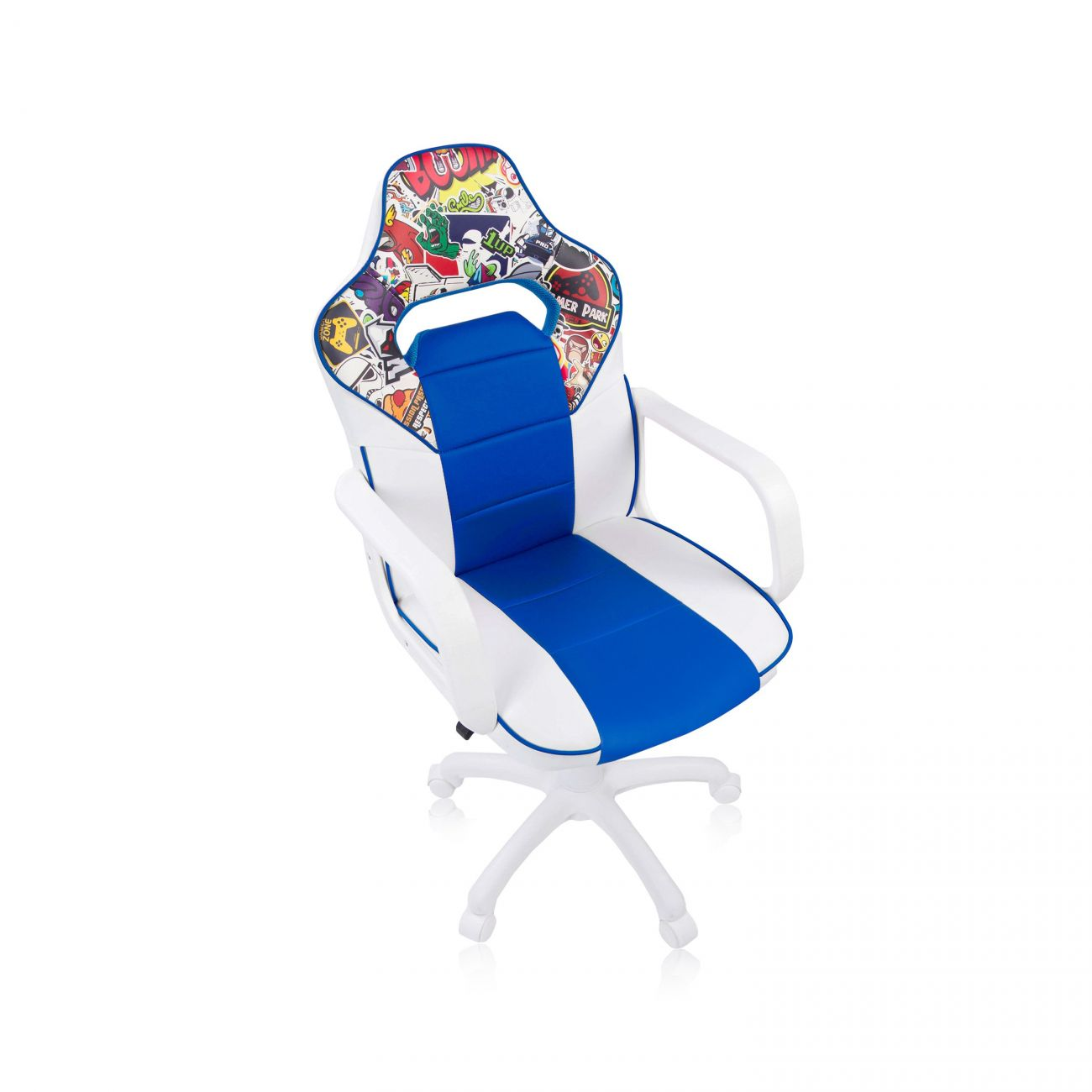 Una silla de juego blanca y azul con diseños de pegatinas coloridas en el respaldo y base blanca.