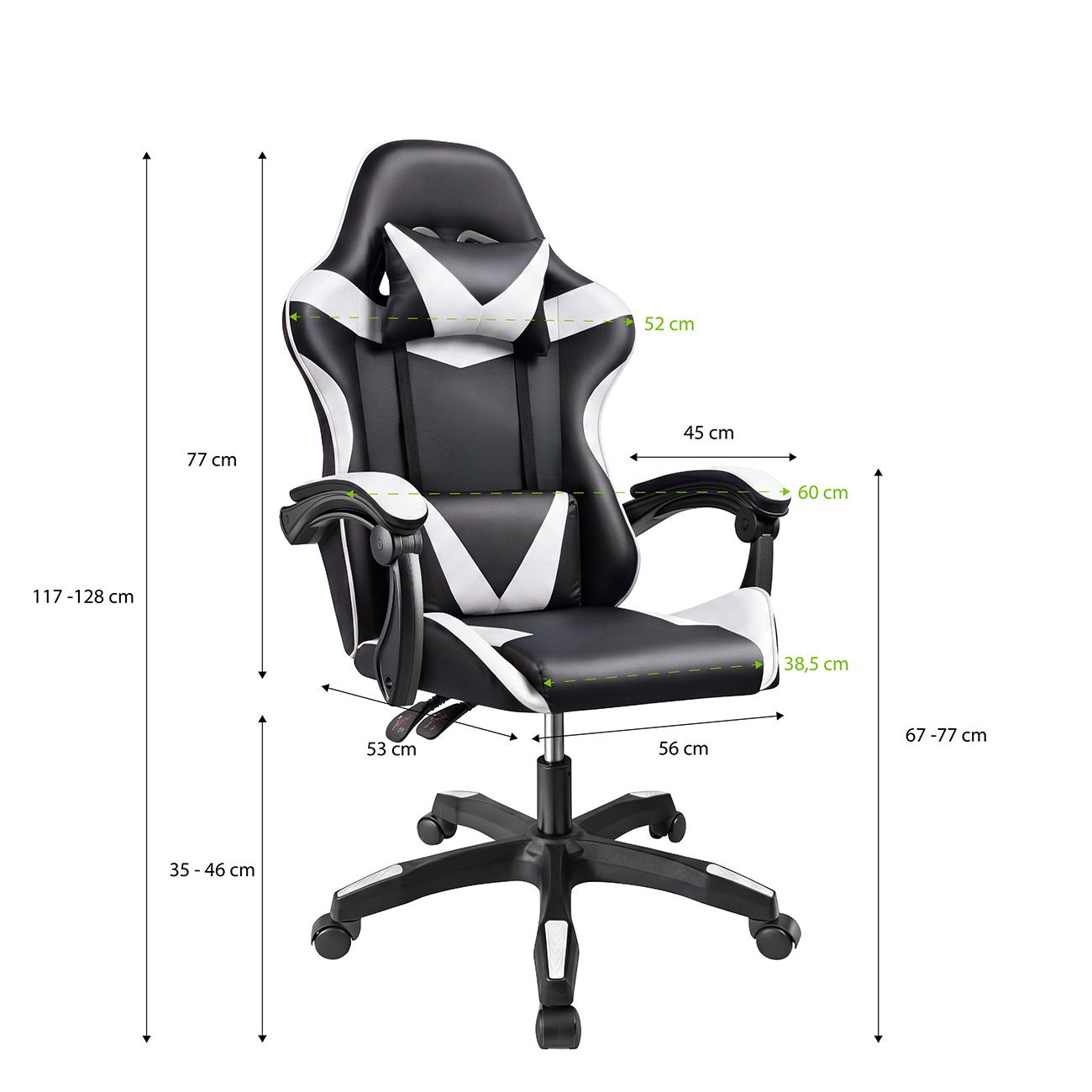 Silla de juego negra y blanca con dimensiones de medida detalladas en centímetros sobre fondo blanco.