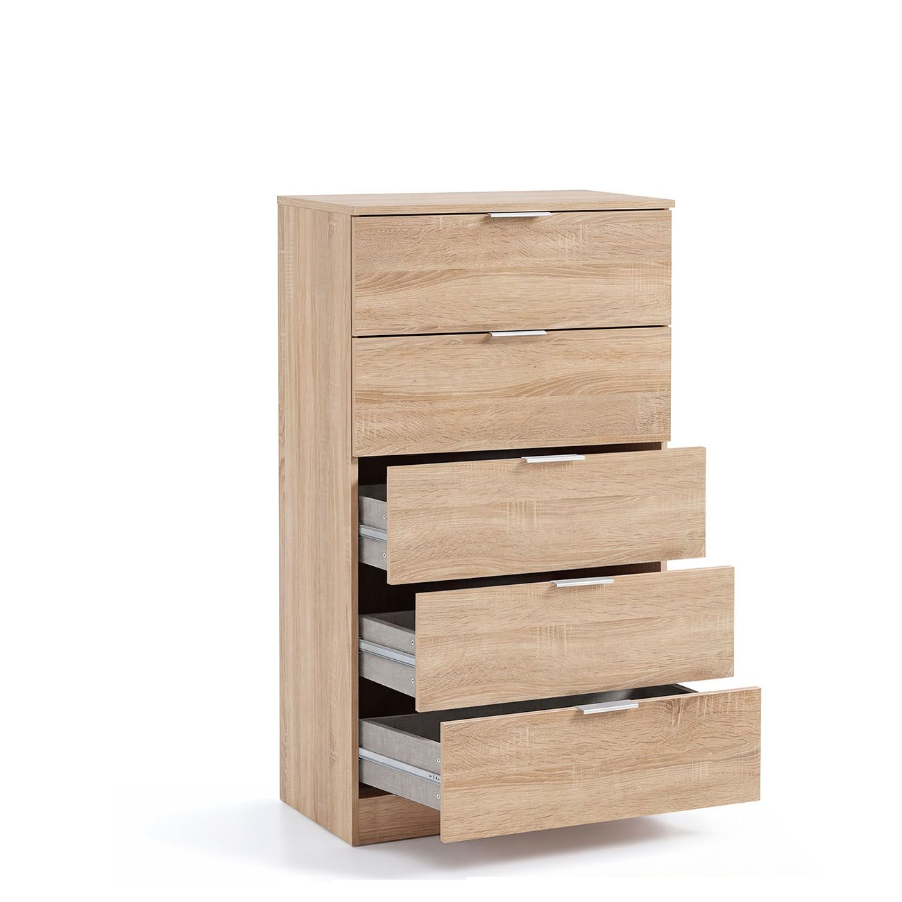 Una cómoda de madera clara con cinco cajones, tres de ellos abiertos, sobre fondo blanco.