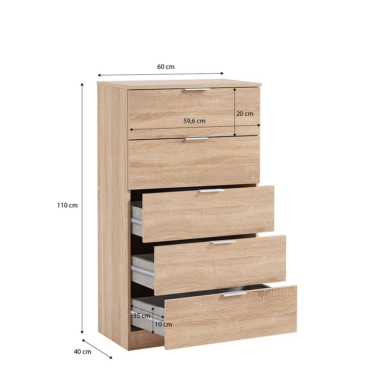 Cómoda de color madera con cinco cajones y medidas detalladas sobre fondo blanco.