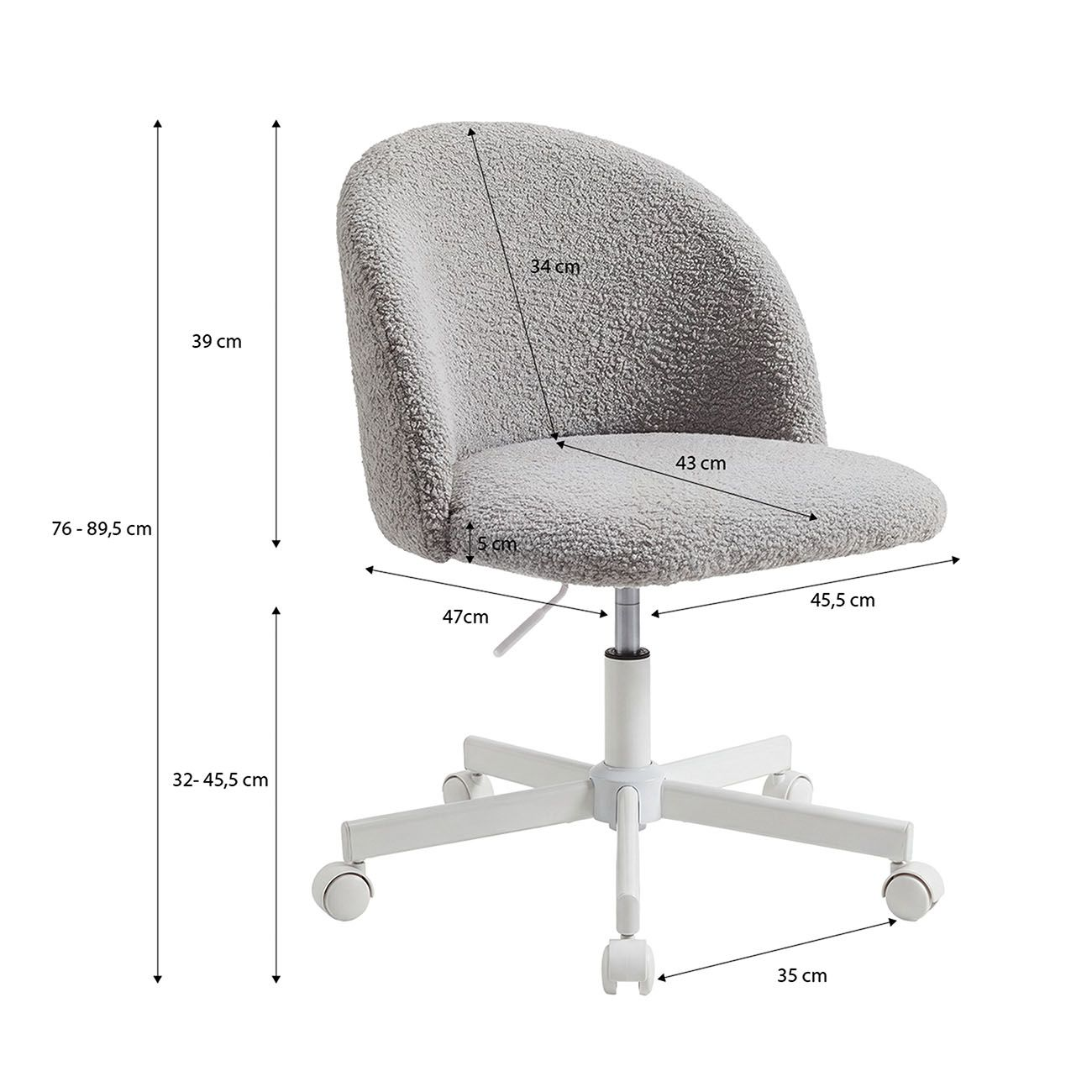 Silla de oficina gris con tejido sherpa, base blanca y cotas de medida.