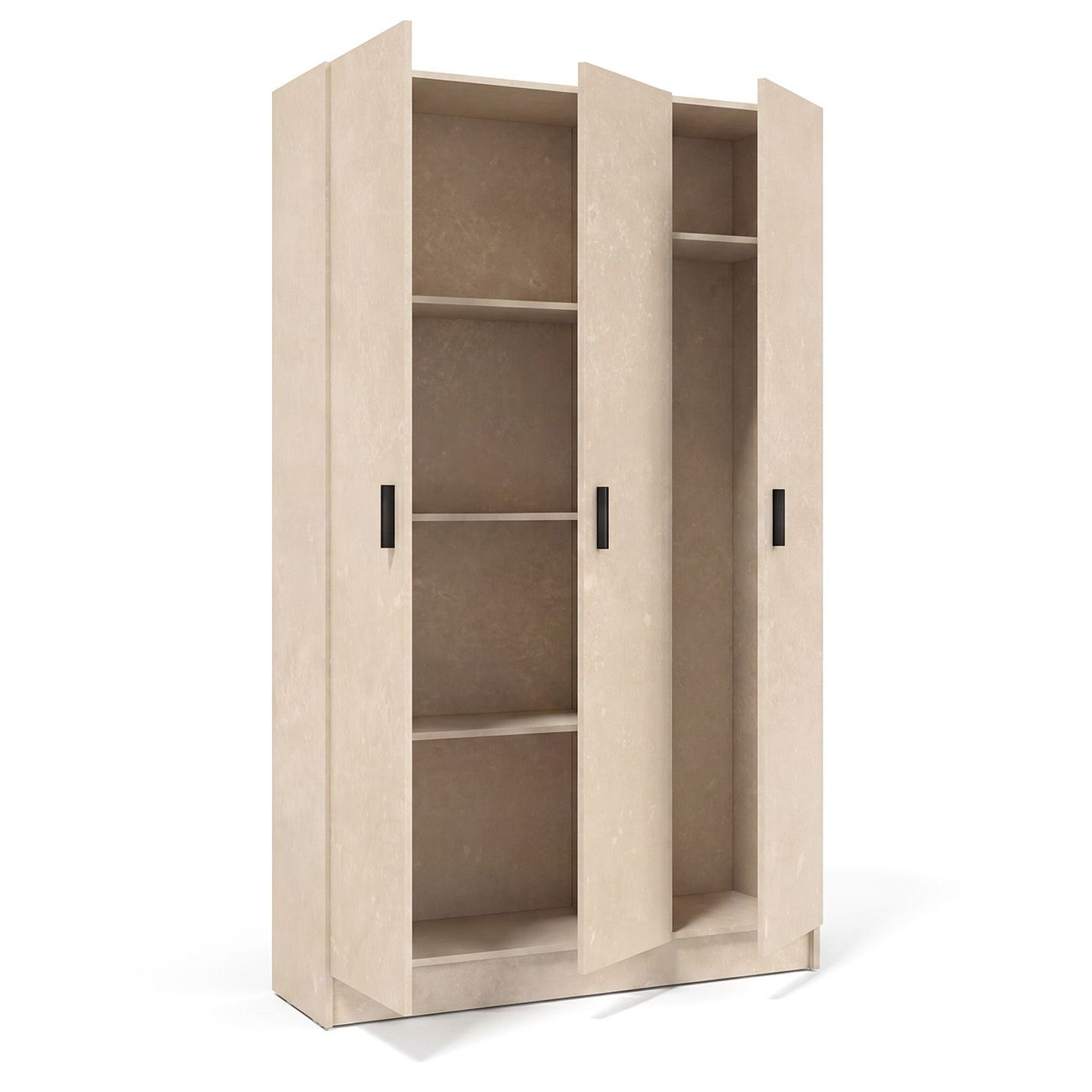 Un armario de tres puertas de color beige claro con puertas abiertas y estantes sobre fondo blanco.