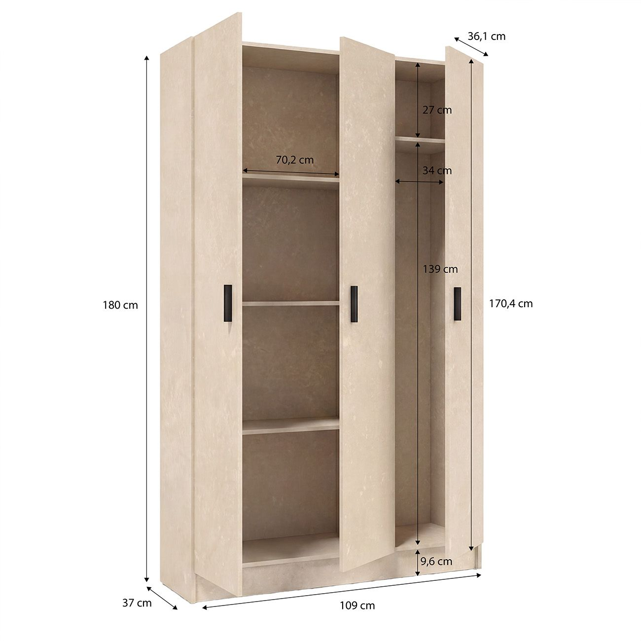 Armario beige de tres puertas con estantes abiertos y medidas.