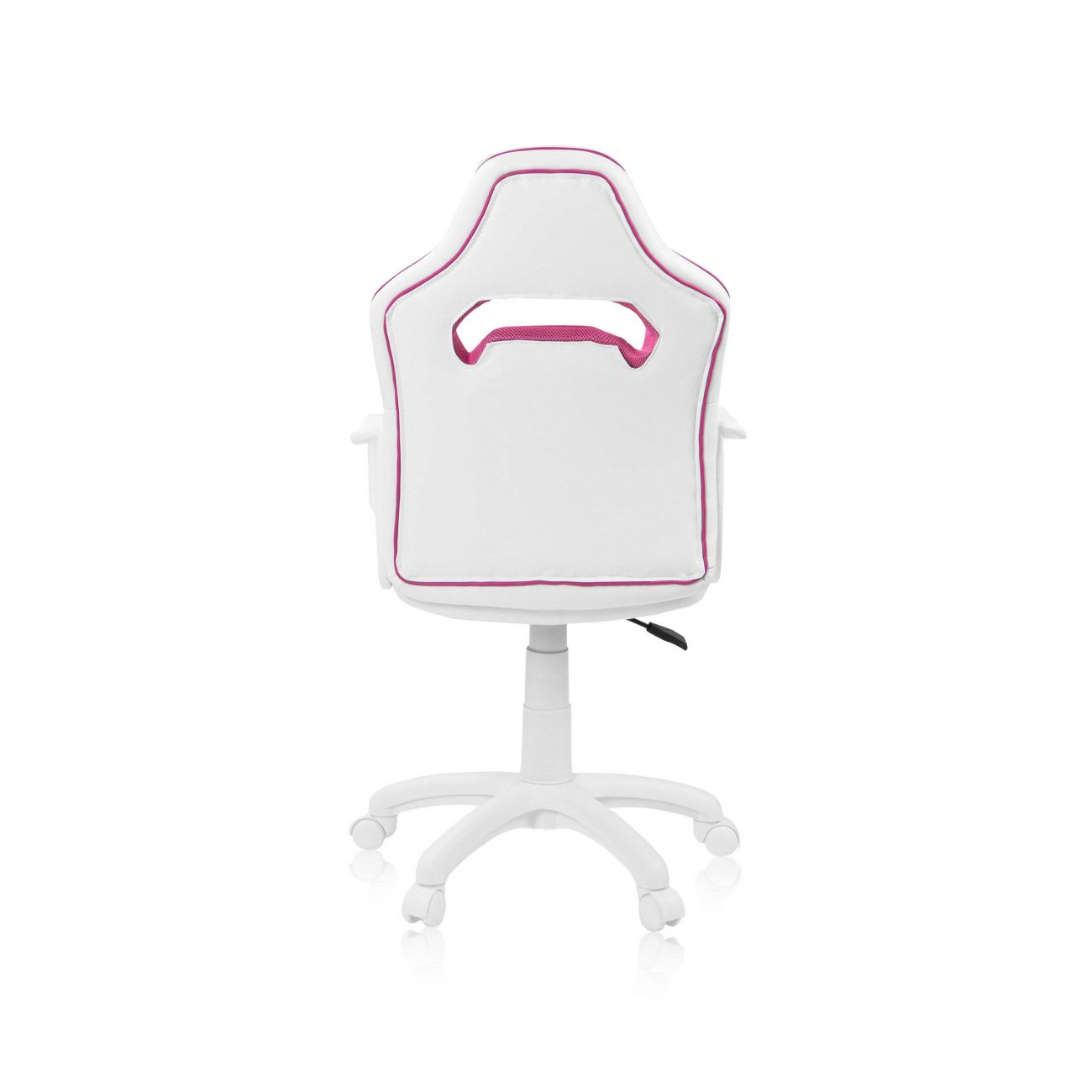 Una silla de juego blanca y rosa vista desde atrás sobre fondo blanco.