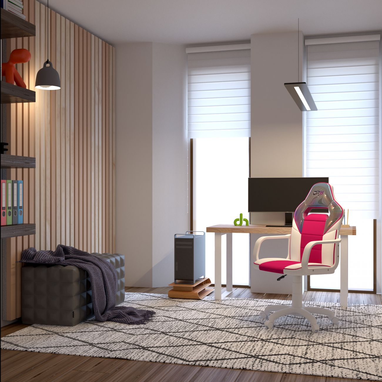 Estudio moderno con escritorio, silla rosa, ordenador y detalles de madera.