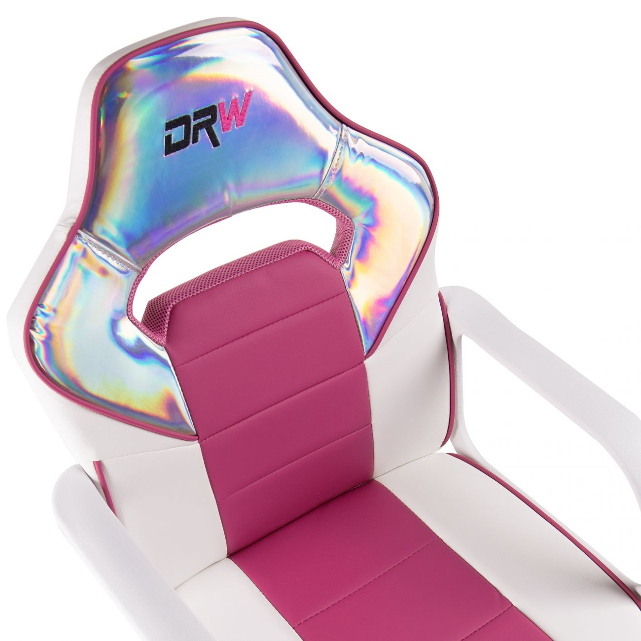Una silla gaming blanca y rosa con un reposacabezas holográfico brillante y el logotipo DRW.