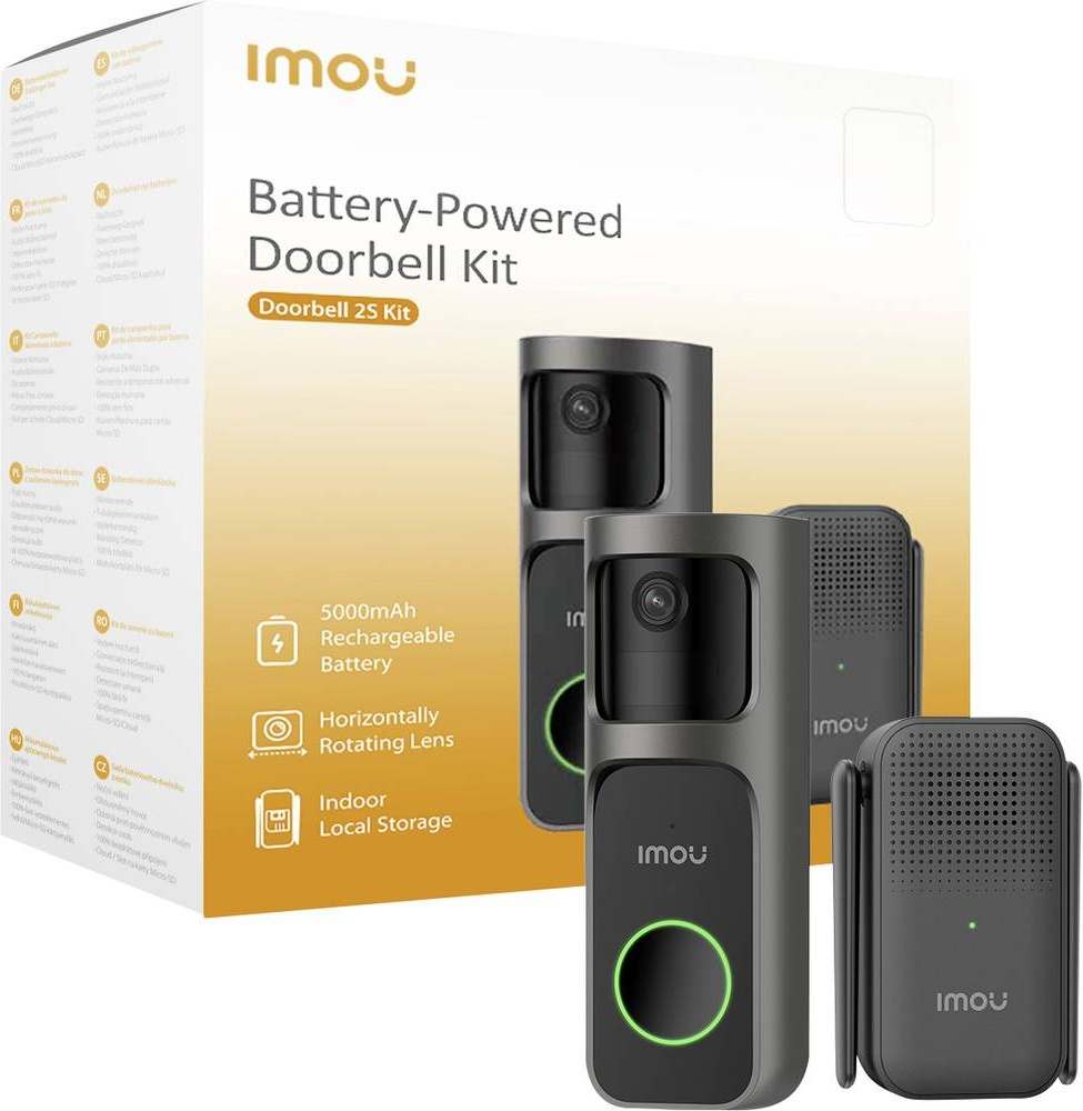 Produktverpackung eines batteriebetriebenen Imou-Türklingelsets mit Kamera und Empfänger.