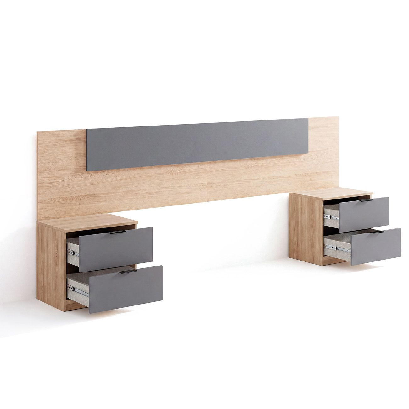 Un cabecero de madera con panel gris y mesitas de noche con cajones abiertos.