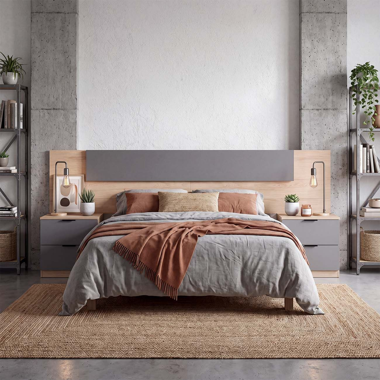 Dormitorio con cama gris, cabecero de madera, mesitas de noche, lámparas, paredes grises, estanterías y alfombra de yute.