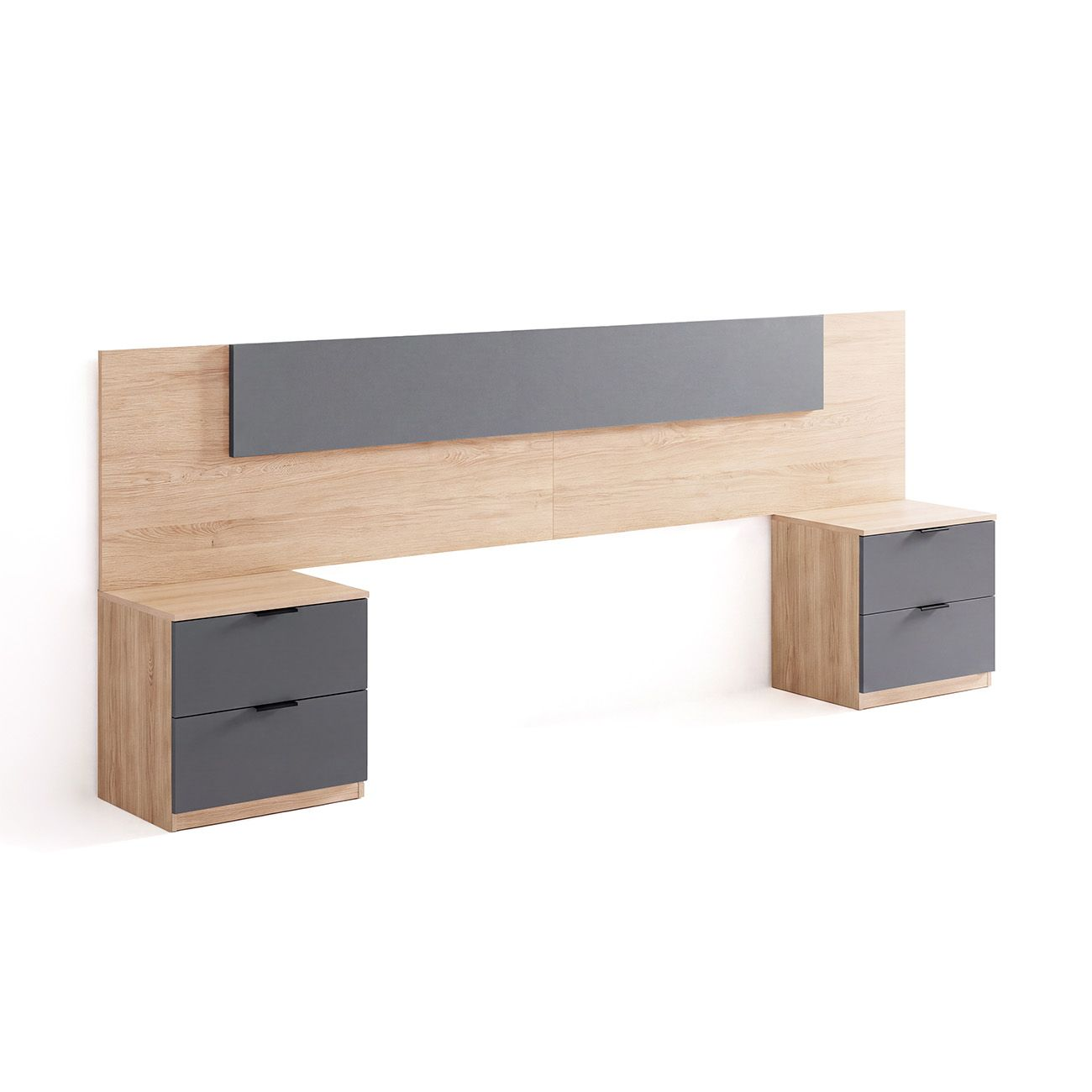 Cabecero de madera con detalles grises y dos mesitas de noche incorporadas.