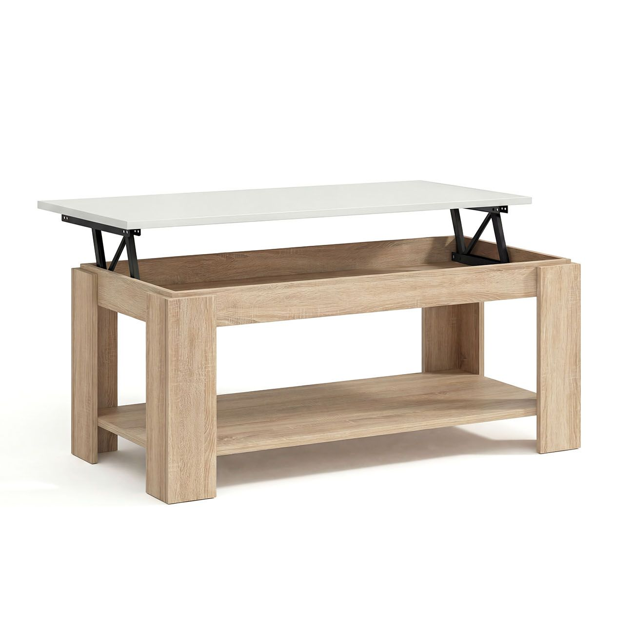 Mesa de centro de madera moderna con superficie elevable blanca y mecanismo metálico negro sobre fondo blanco.