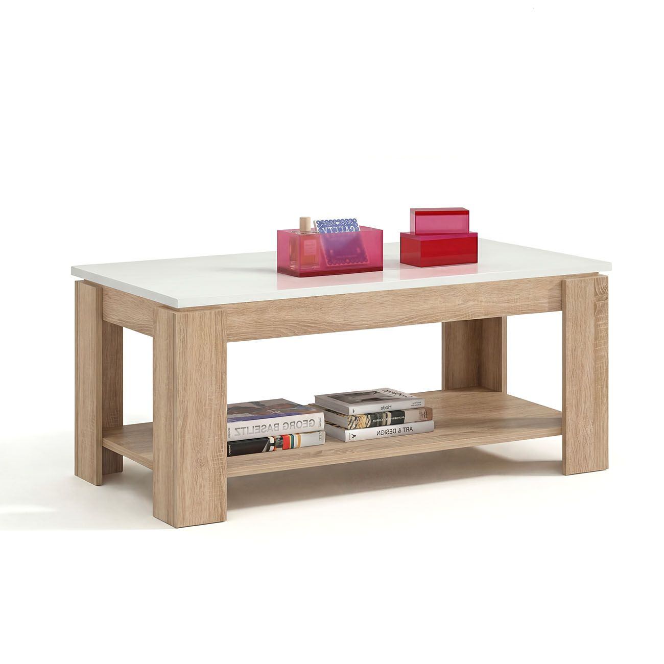 Mesa de centro de madera moderna con tapa blanca, estante inferior y elementos decorativos rojos sobre fondo blanco.